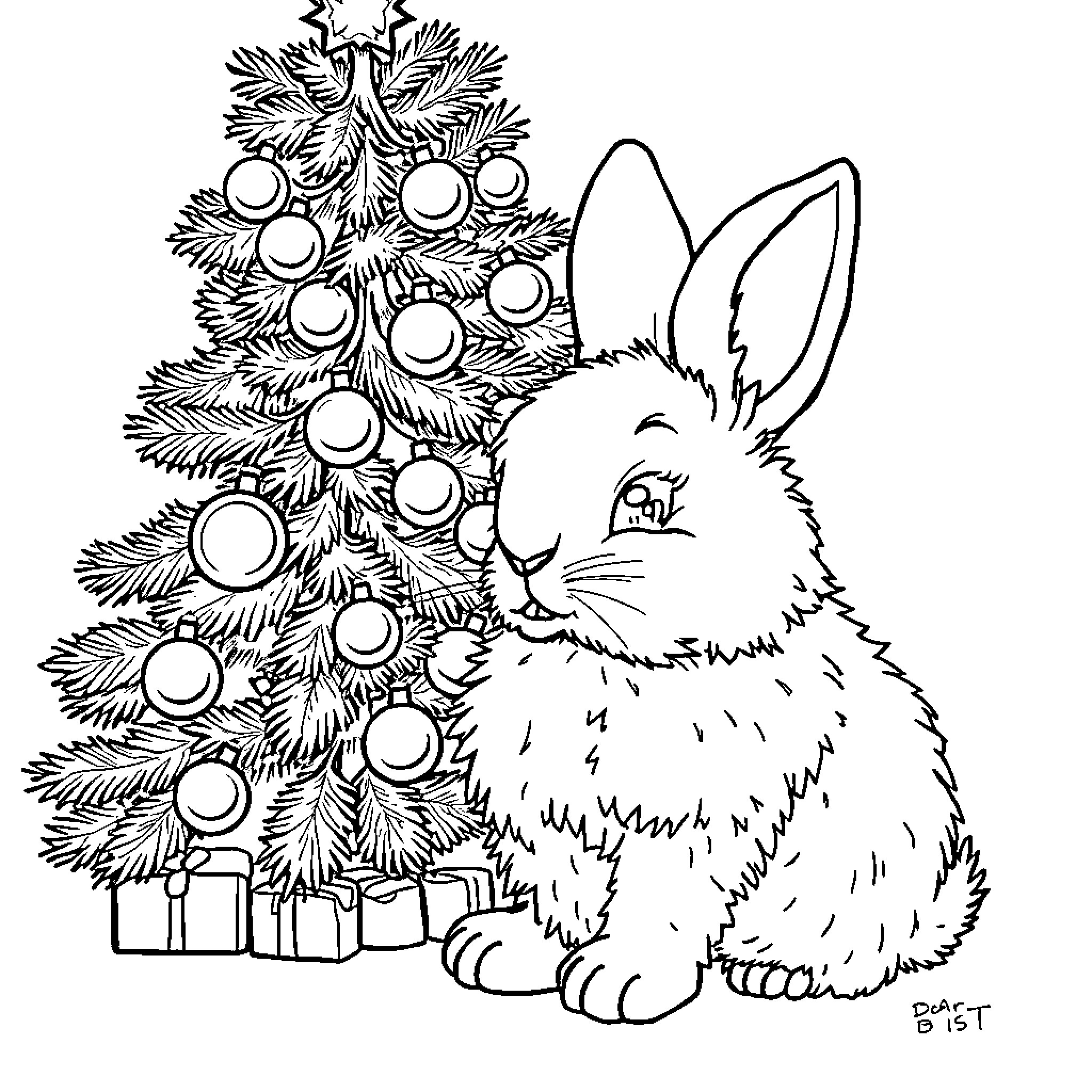 Bunny admiring decorated Christmas tree Coloring Page (free black-and-white line drawing printable PDF for all, from beginners to advanced learners, including children, teens, adults, and seniors)