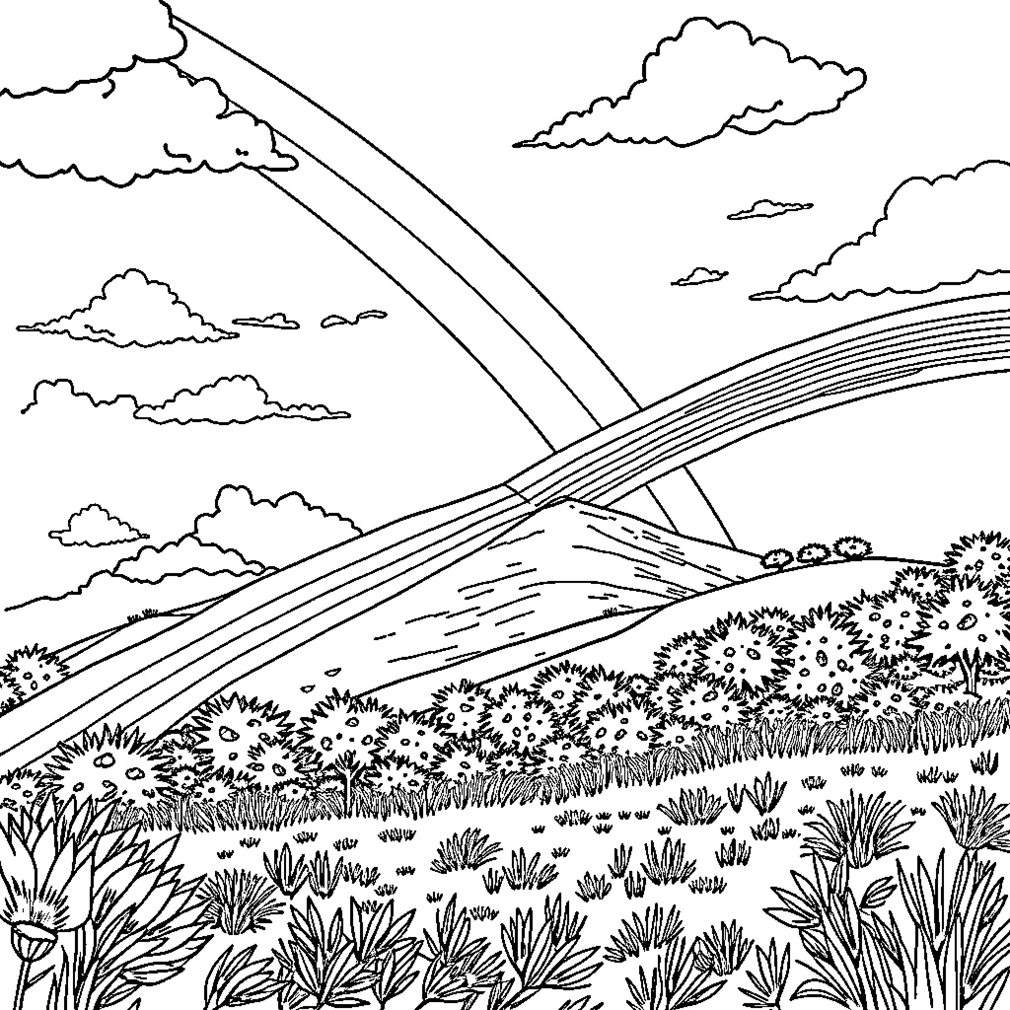 Rainbow Landscape with Winding Road and Clouds Coloring Page (free black-and-white line drawing printable PDF for all, from beginners to advanced learners, including children, teens, adults, and seniors)