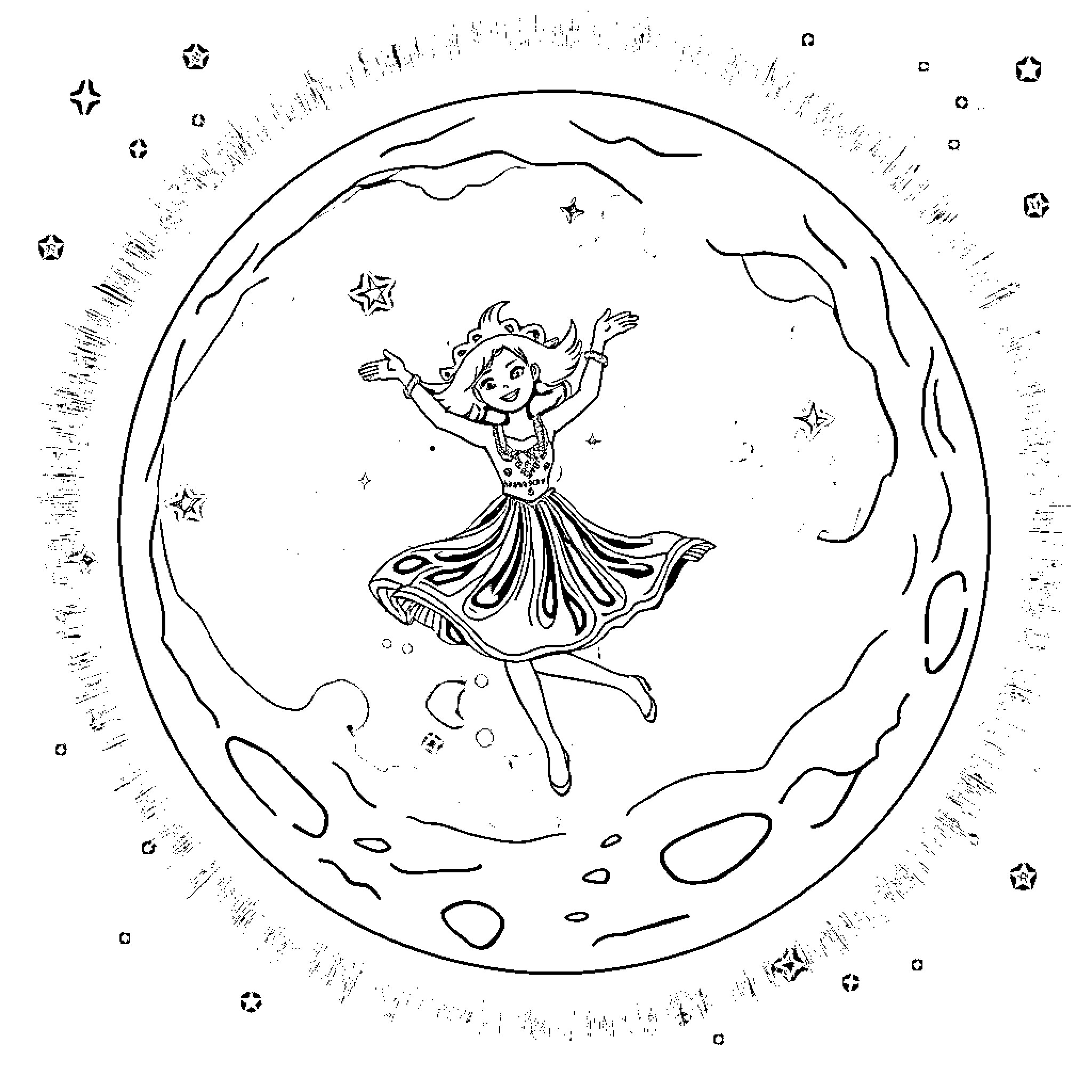 Tralalero Dancing Fairy in the Moonlit Night Coloring Page (free black-and-white line drawing printable PDF for all, from beginners to advanced learners, including children, teens, adults, and seniors)