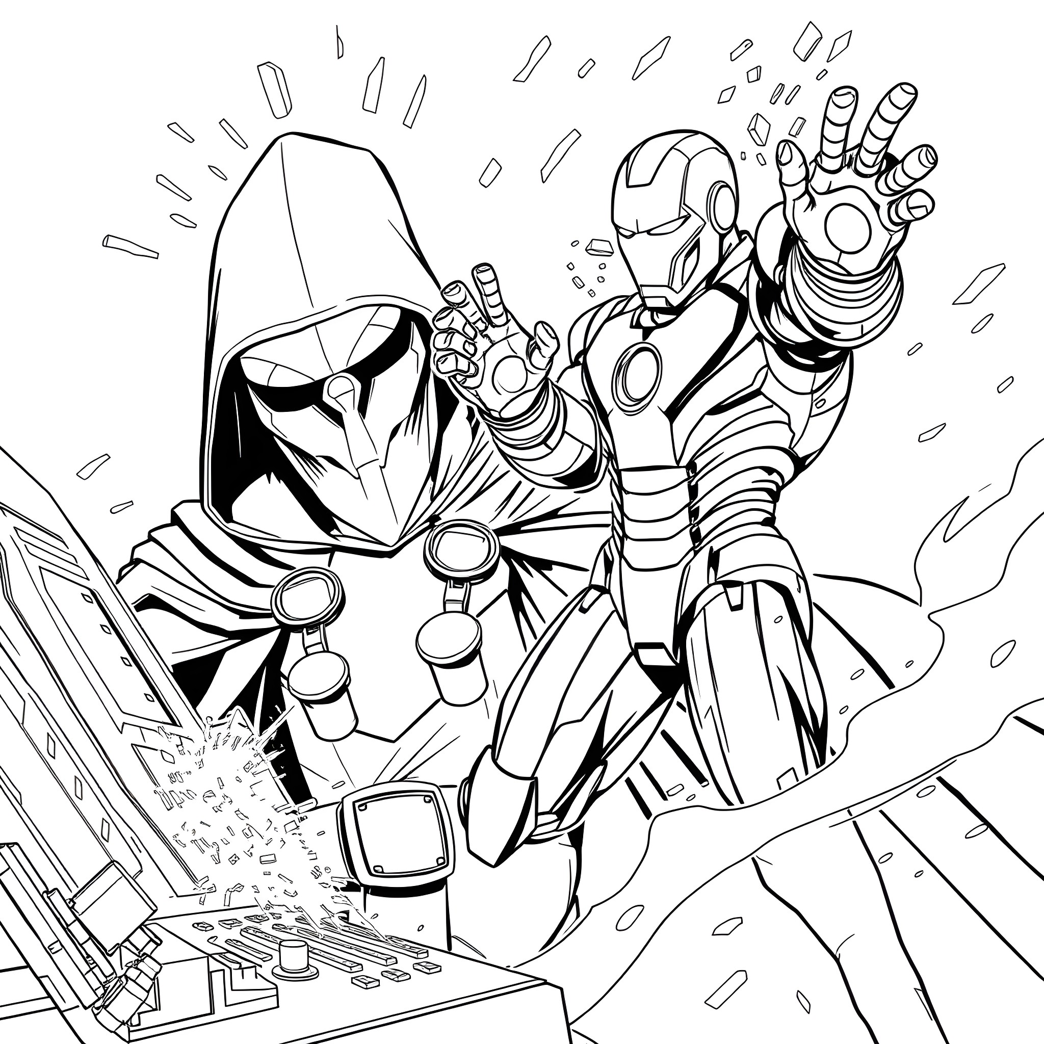 Doctor Doom Unleashing His Technological Might Coloring Page (free black-and-white line drawing printable PDF for all, from beginners to advanced learners, including children, teens, adults, and seniors)