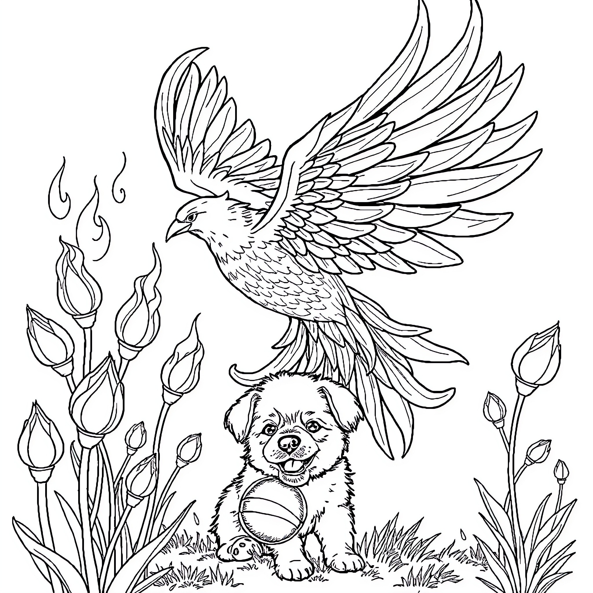 Phoenix soaring above a playful puppy in a floral garden Coloring Page (free black-and-white line drawing printable PDF for all, from beginners to advanced learners, including children, teens, adults, and seniors)