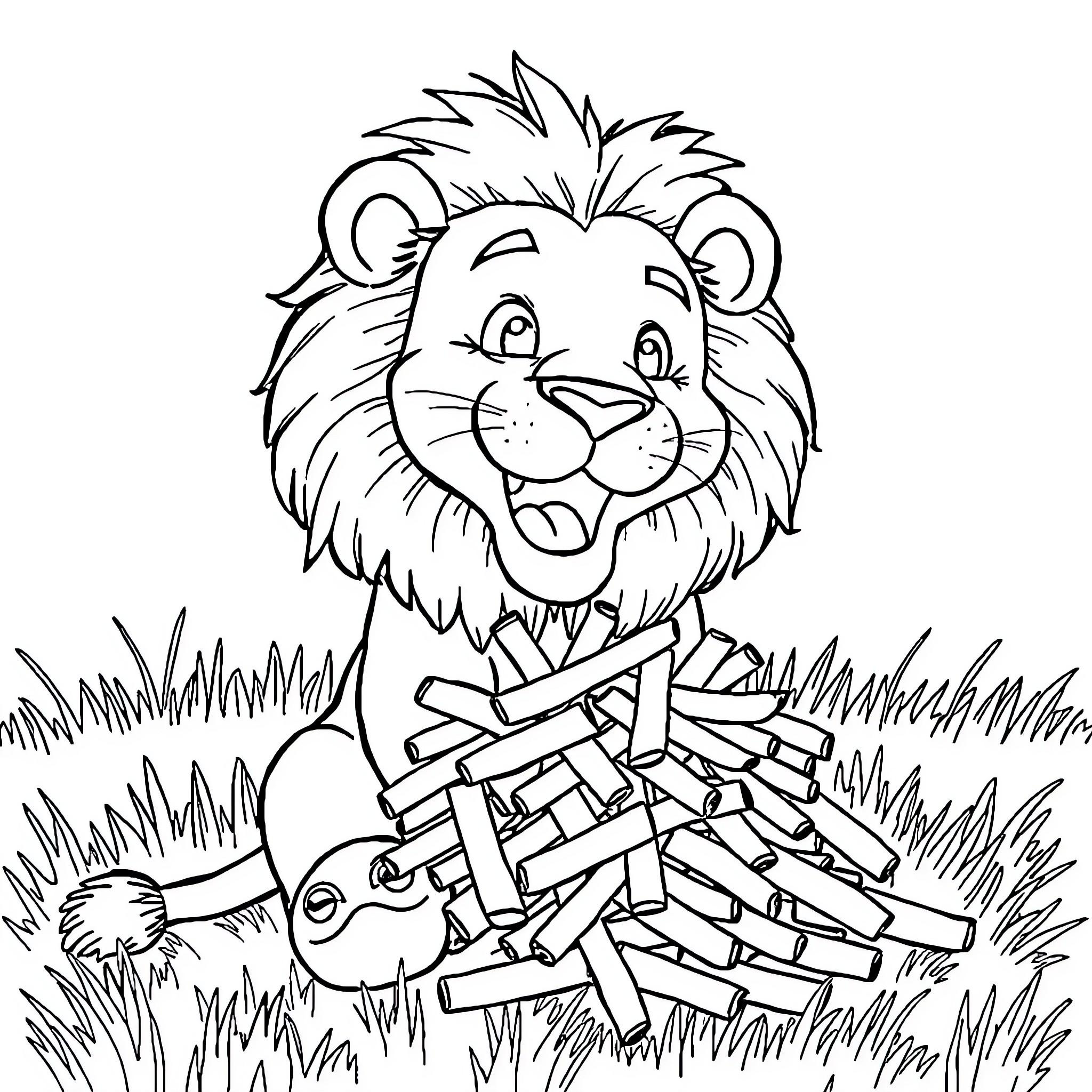 Lion playing with wooden blocks in grass Coloring Page (free black-and-white line drawing printable PDF for all, from beginners to advanced learners, including children, teens, adults, and seniors)