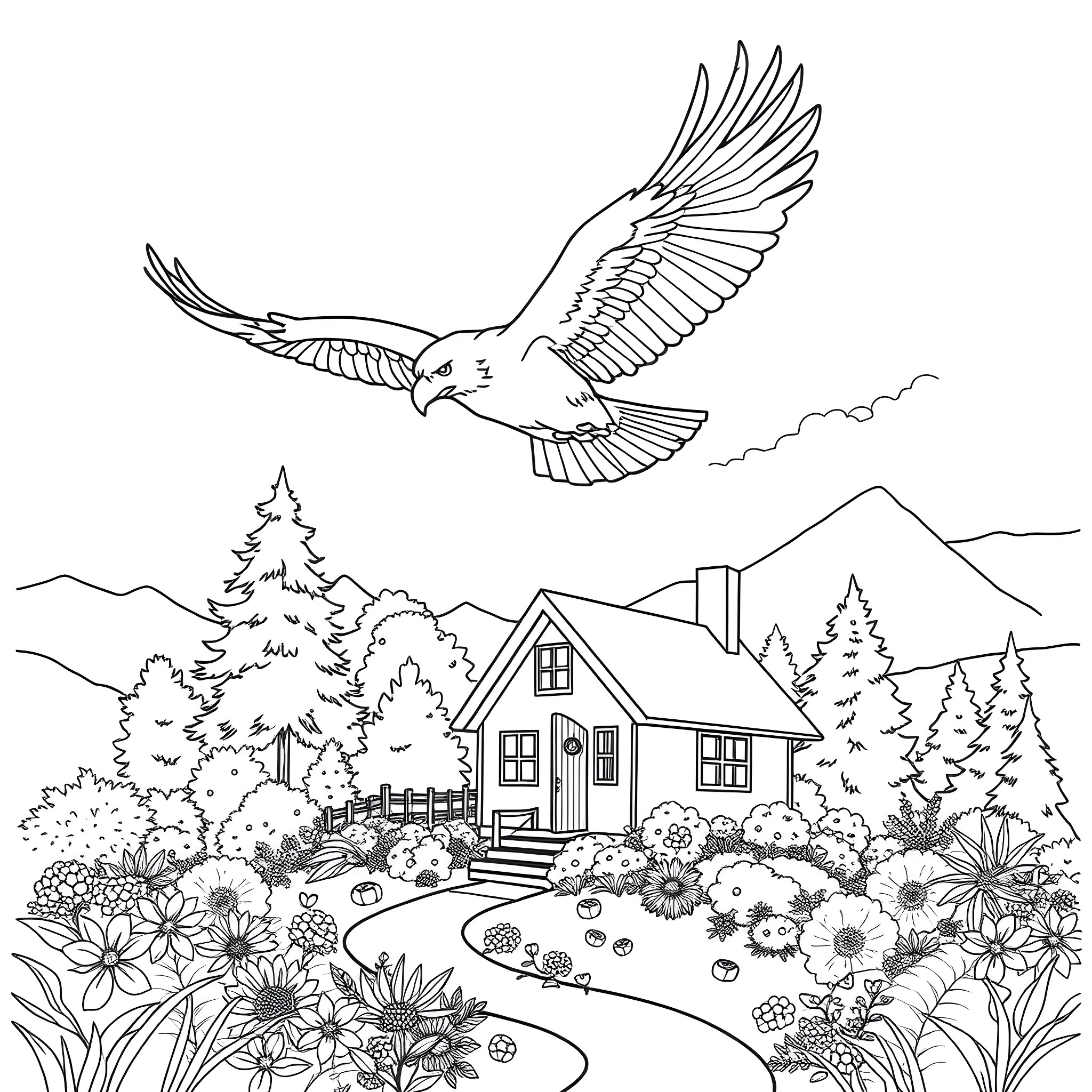 House with a flying eagle in a nature landscape Coloring Page (free black-and-white line drawing printable PDF for all, from beginners to advanced learners, including children, teens, adults, and seniors)