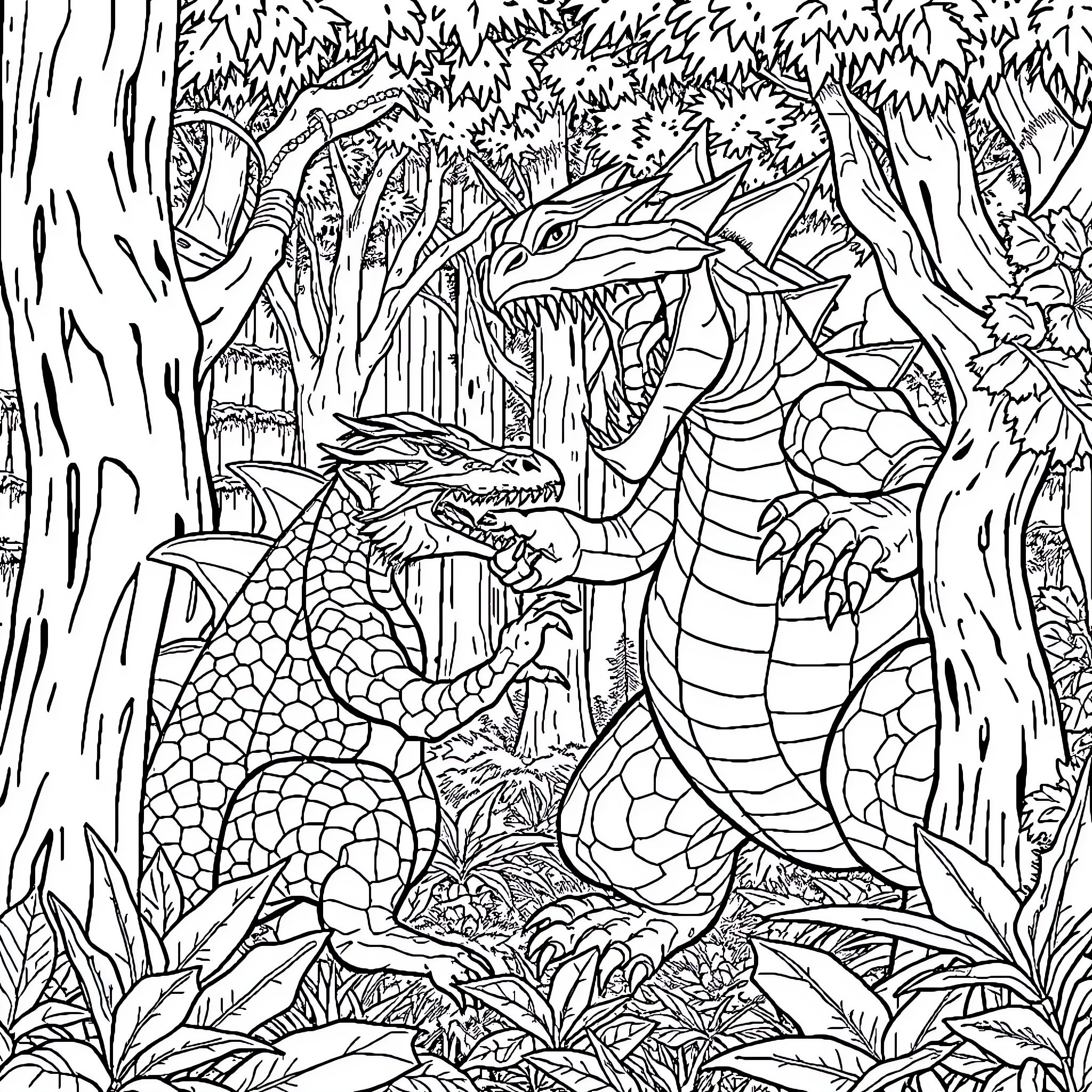 Arcanine unleashing fiery power in enchanted forest Coloring Page (free black-and-white line drawing printable PDF for all, from beginners to advanced learners, including children, teens, adults, and seniors)