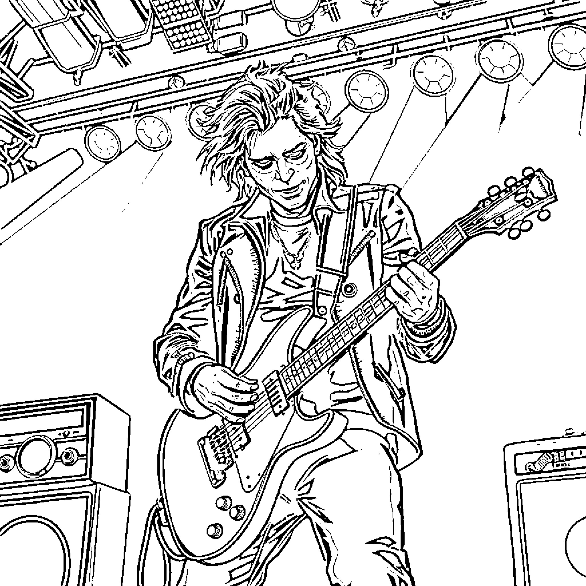 Synyster Gates Rocking Out on Guitar Coloring Page (free black-and-white line drawing printable PDF for all, from beginners to advanced learners, including children, teens, adults, and seniors)