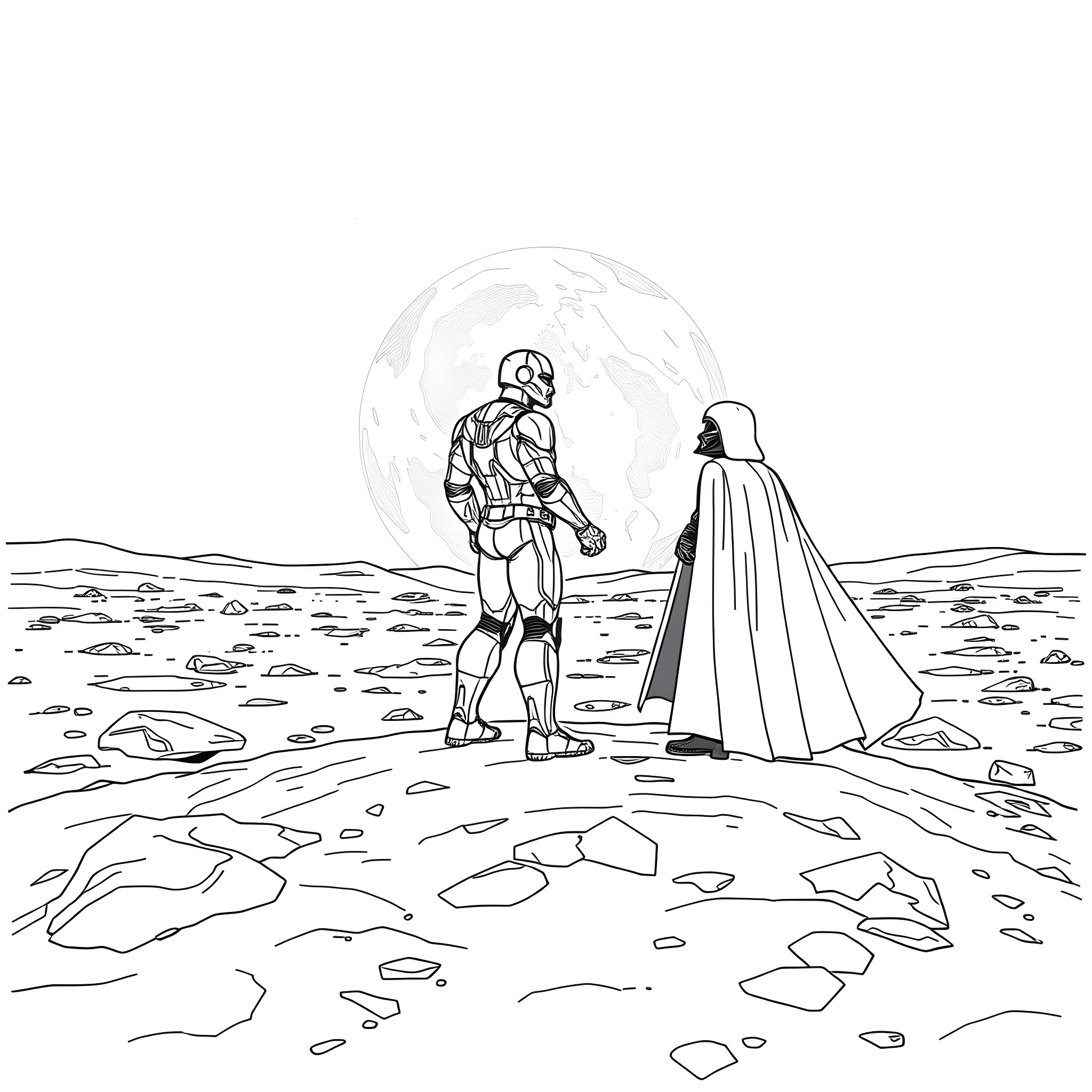 Iron Man confronted by Darth Vader in a barren landscape Coloring Page (free black-and-white line drawing printable PDF for all, from beginners to advanced learners, including children, teens, adults, and seniors)