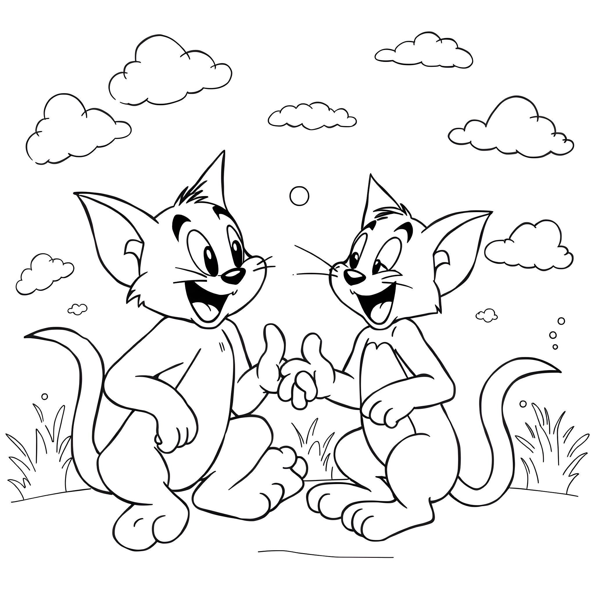 Tom and Jerry playing happily in the park Coloring Page (free black-and-white line drawing printable PDF for all, from beginners to advanced learners, including children, teens, adults, and seniors)