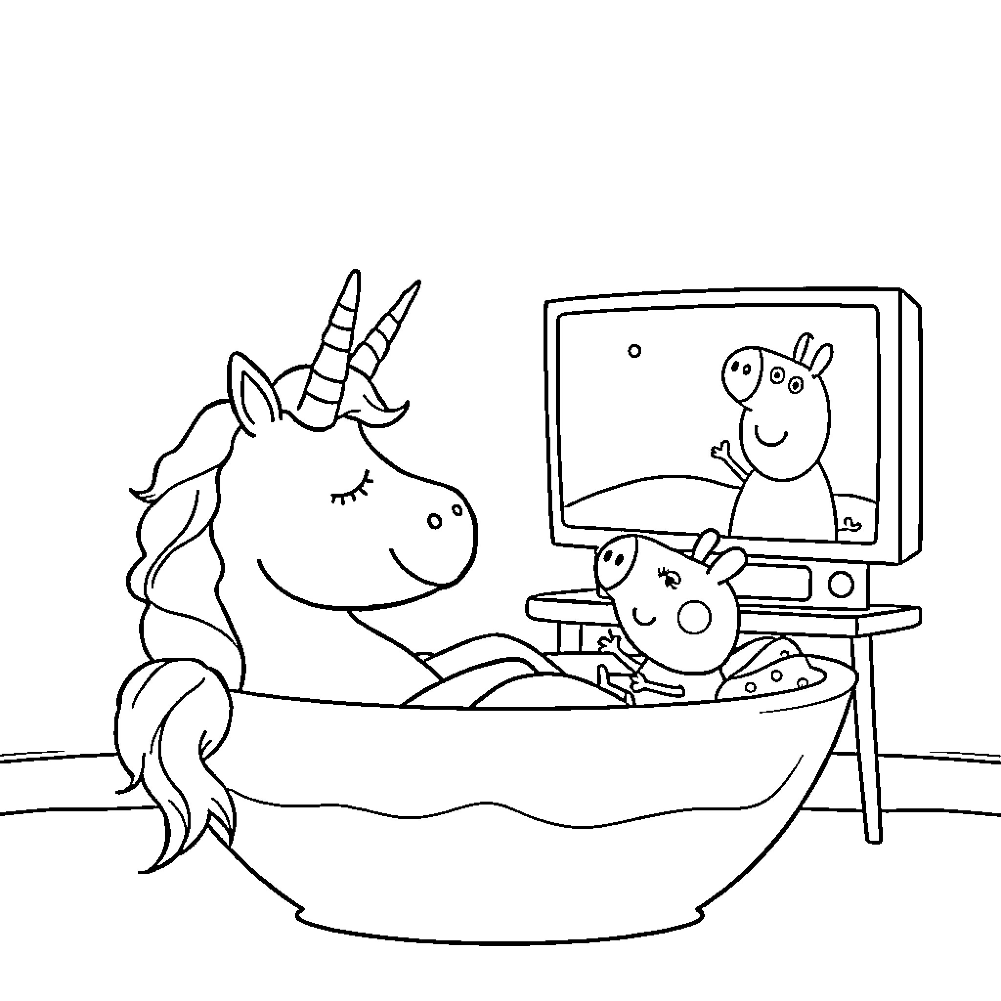 Unicorn relaxing in a bath while watching TV Coloring Page (free black-and-white line drawing printable PDF for all, from beginners to advanced learners, including children, teens, adults, and seniors)