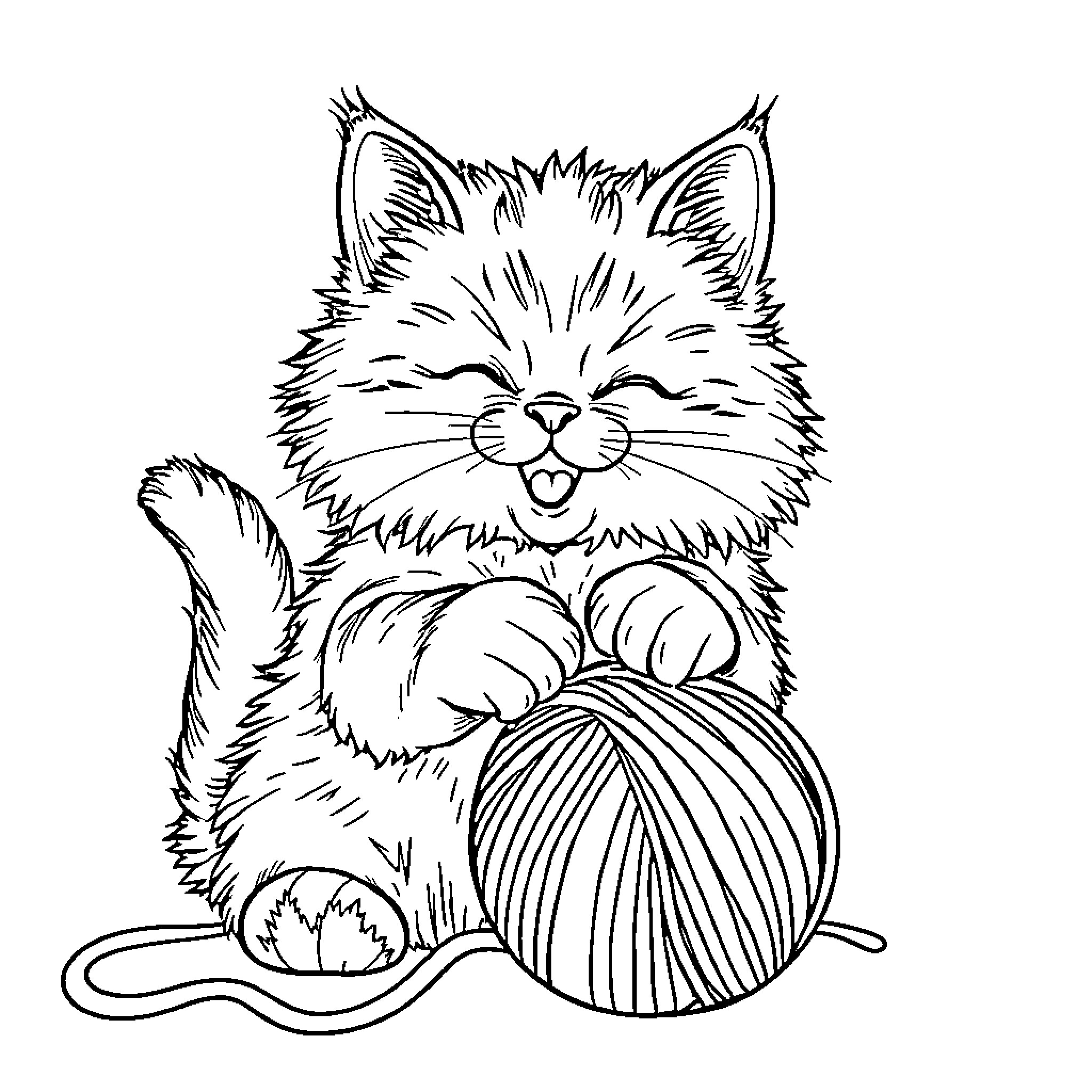 Cat playing with ball of yarn Coloring Page (free black-and-white line drawing printable PDF for all, from beginners to advanced learners, including children, teens, adults, and seniors)