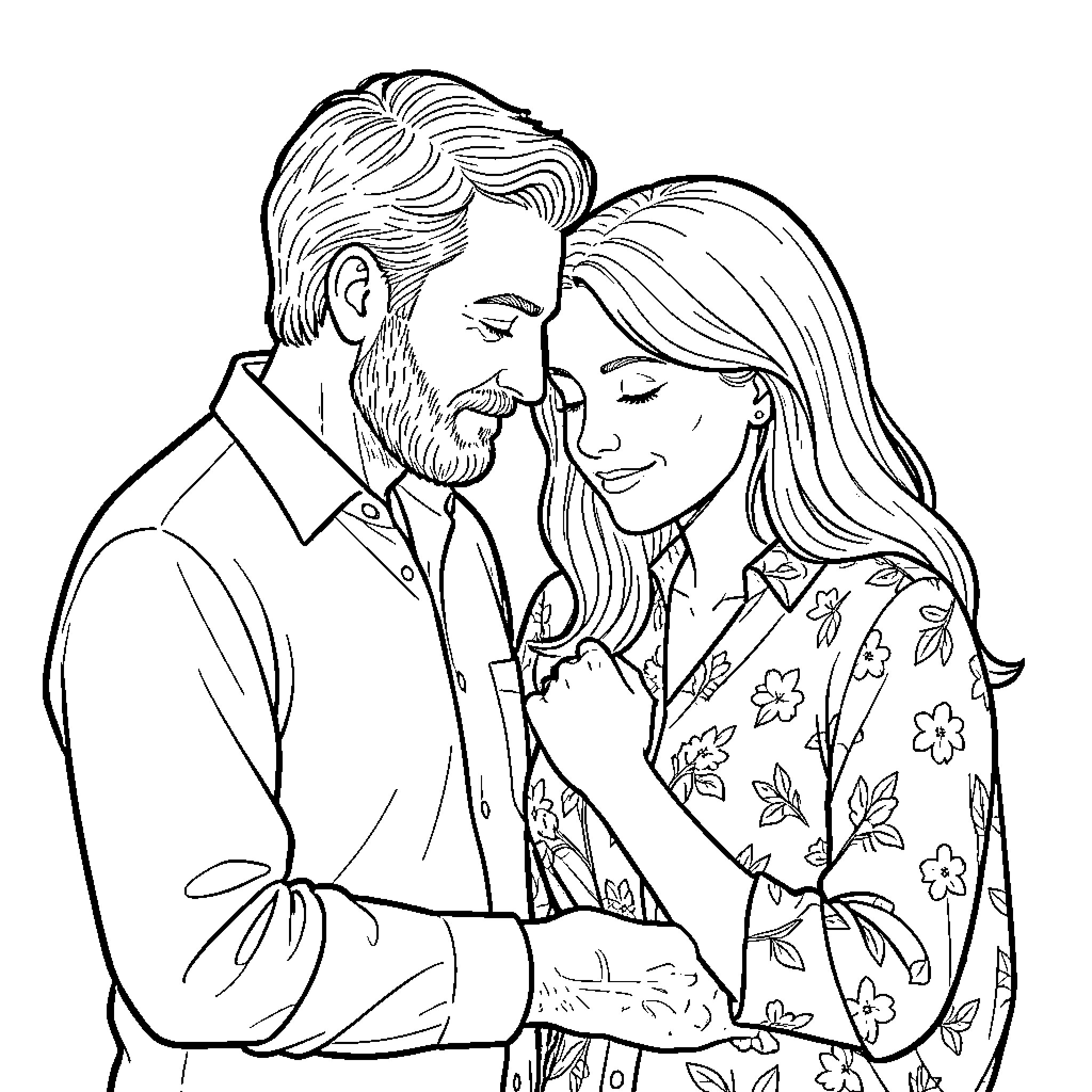 Parent and partner sharing a tender affectionate moment Coloring Page (free black-and-white line drawing printable PDF for all, from beginners to advanced learners, including children, teens, adults, and seniors)