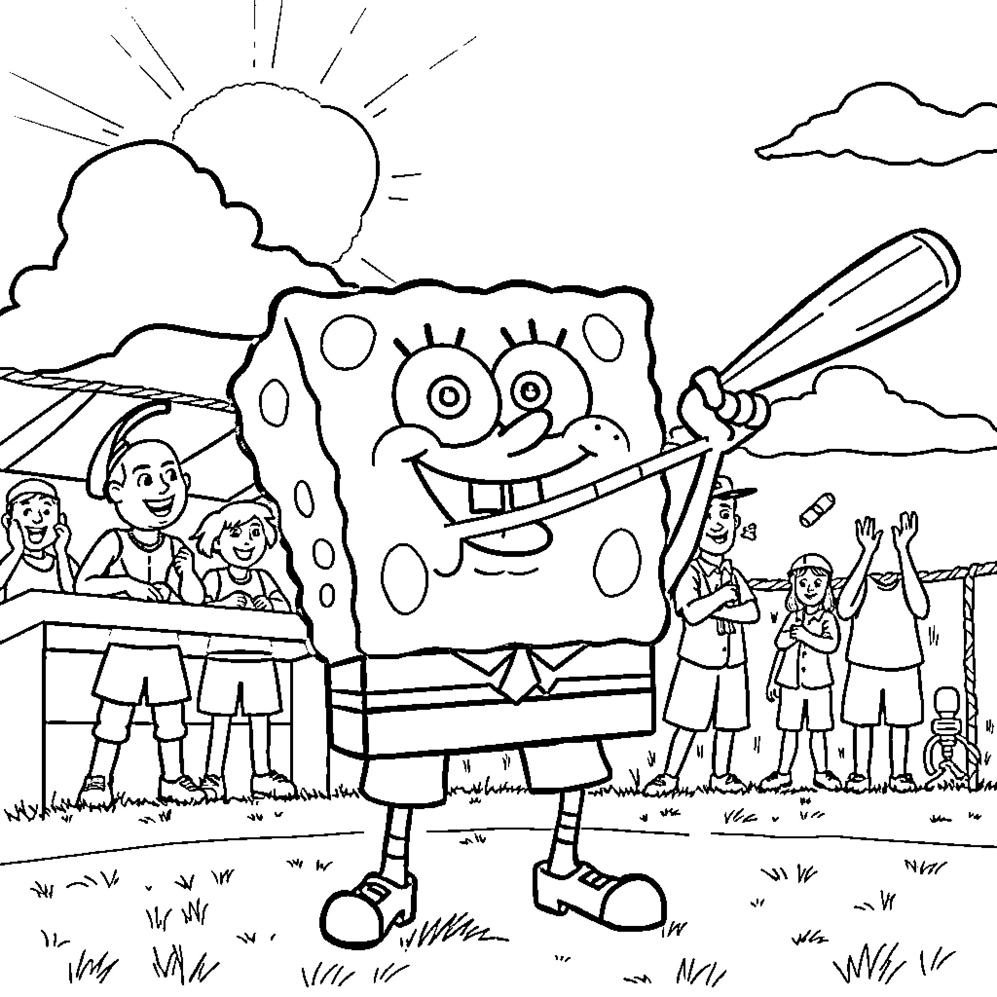 Spongebob and friends having fun in the outdoors Coloring Page (free black-and-white line drawing printable PDF for all, from beginners to advanced learners, including children, teens, adults, and seniors)