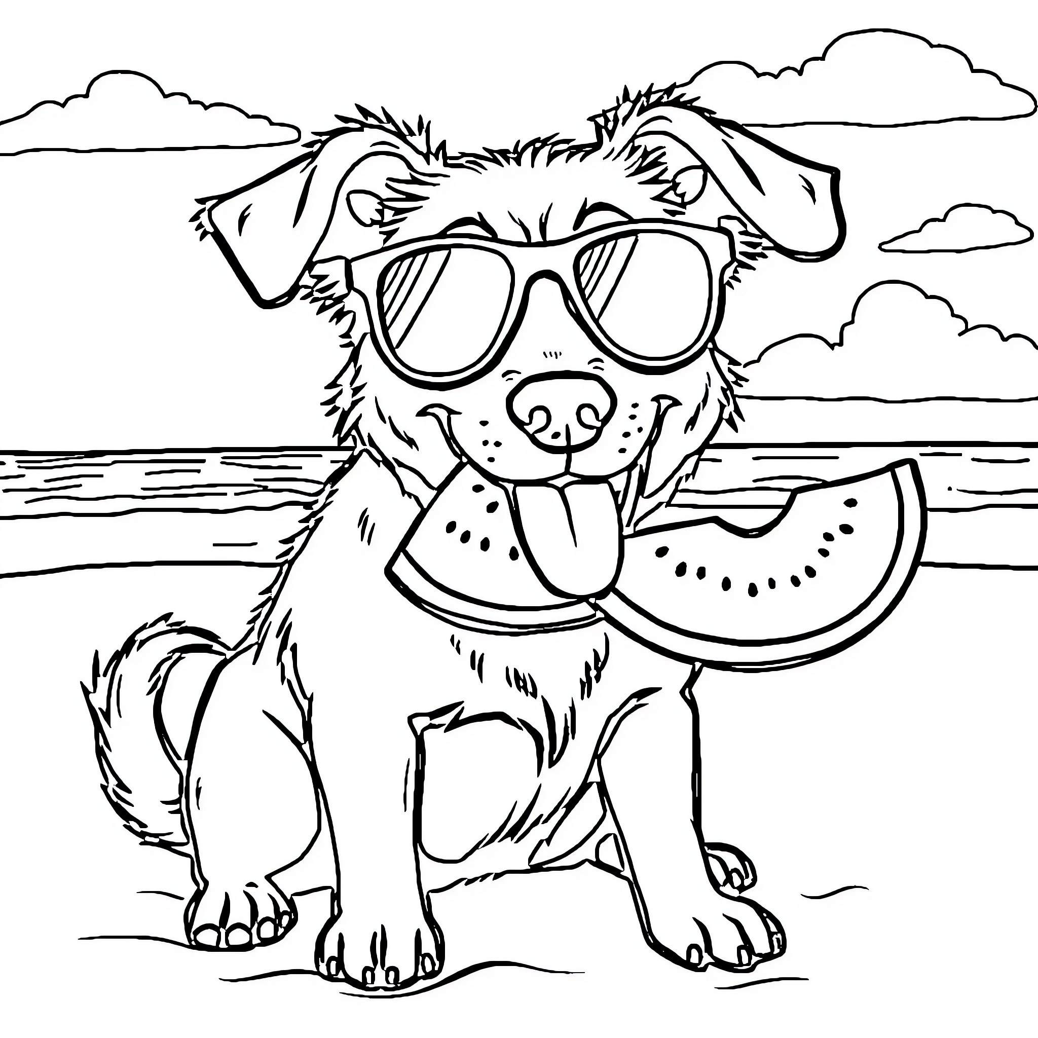 Dog enjoying watermelon on the beach Coloring Page (free black-and-white line drawing printable PDF for all, from beginners to advanced learners, including children, teens, adults, and seniors)