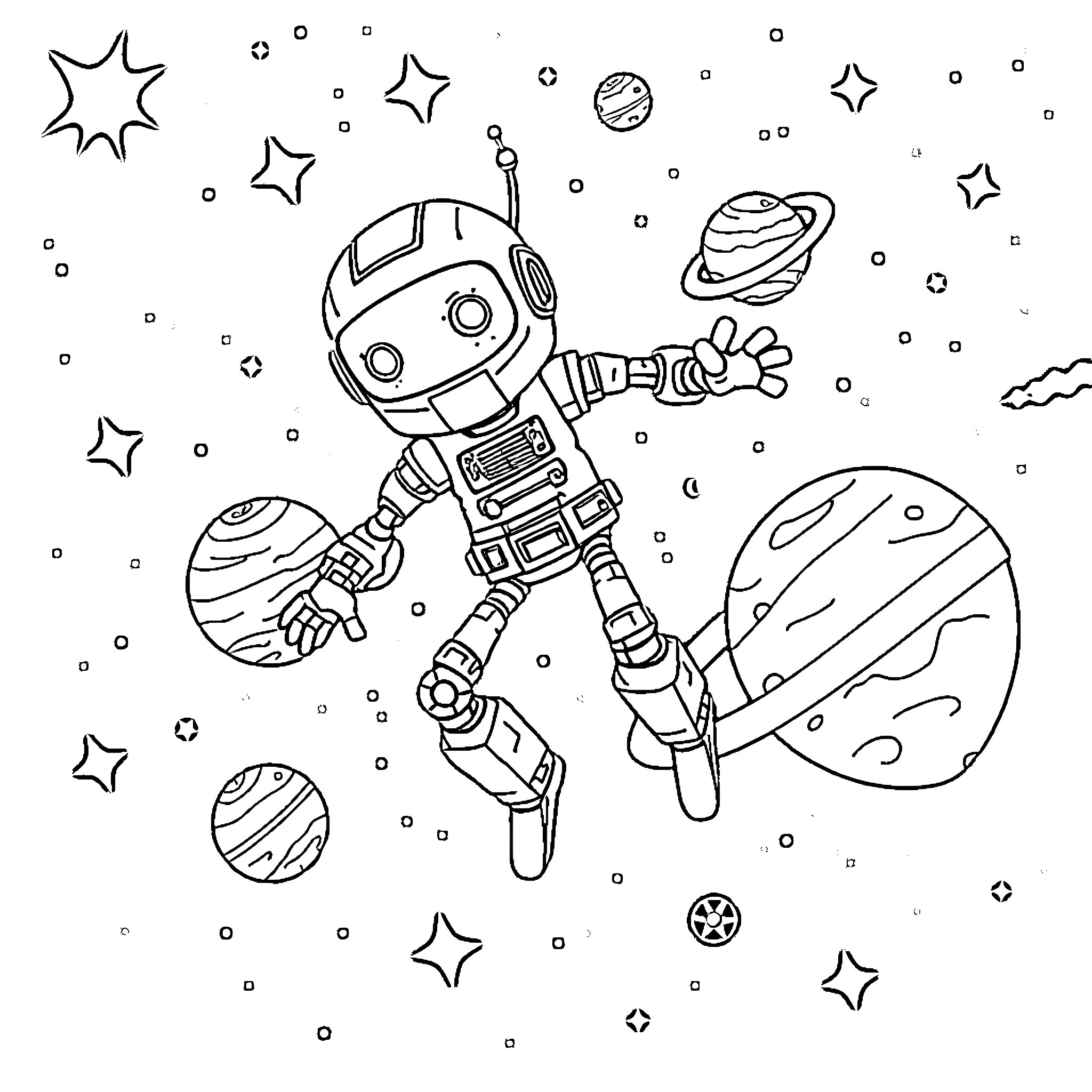 Robot exploring space in the cosmos Coloring Page (free black-and-white line drawing printable PDF for all, from beginners to advanced learners, including children, teens, adults, and seniors)
