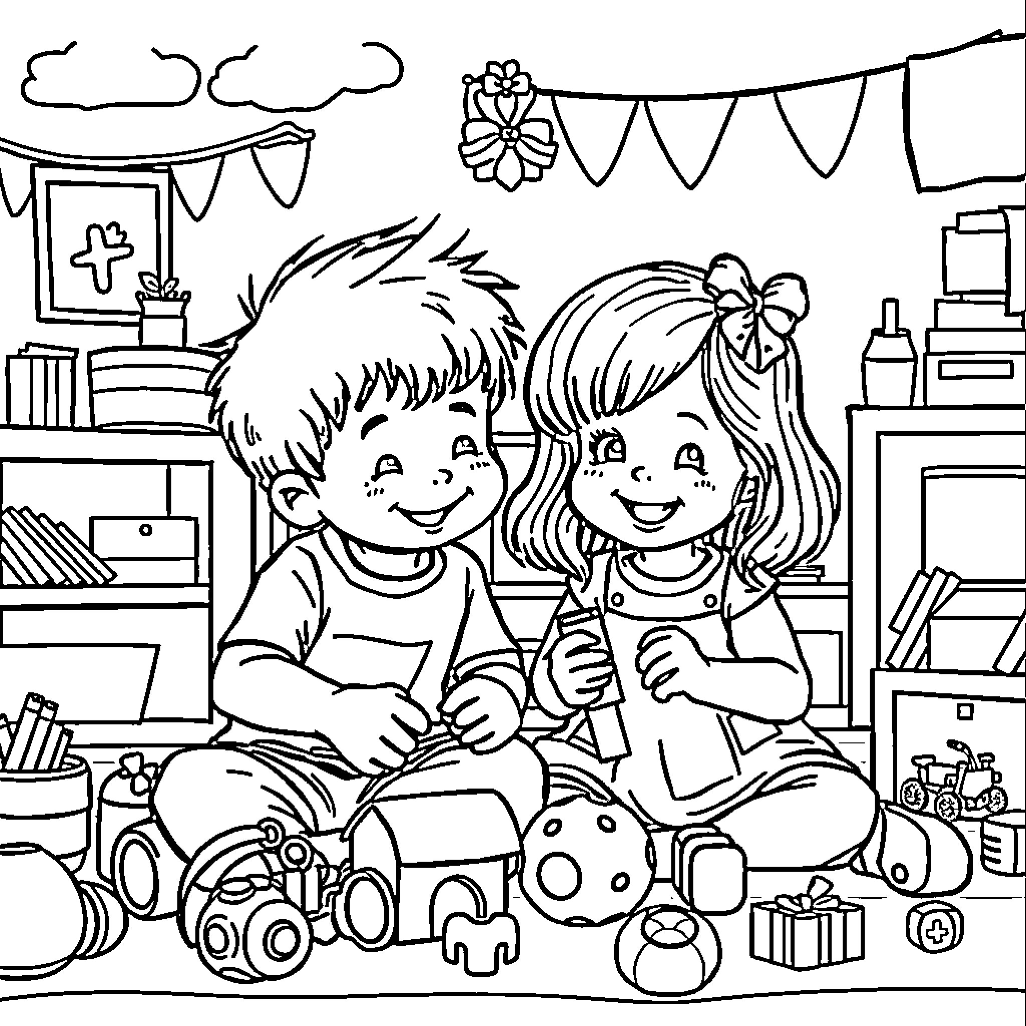 Child playing with toys in decorated room Coloring Page (free black-and-white line drawing printable PDF for all, from beginners to advanced learners, including children, teens, adults, and seniors)