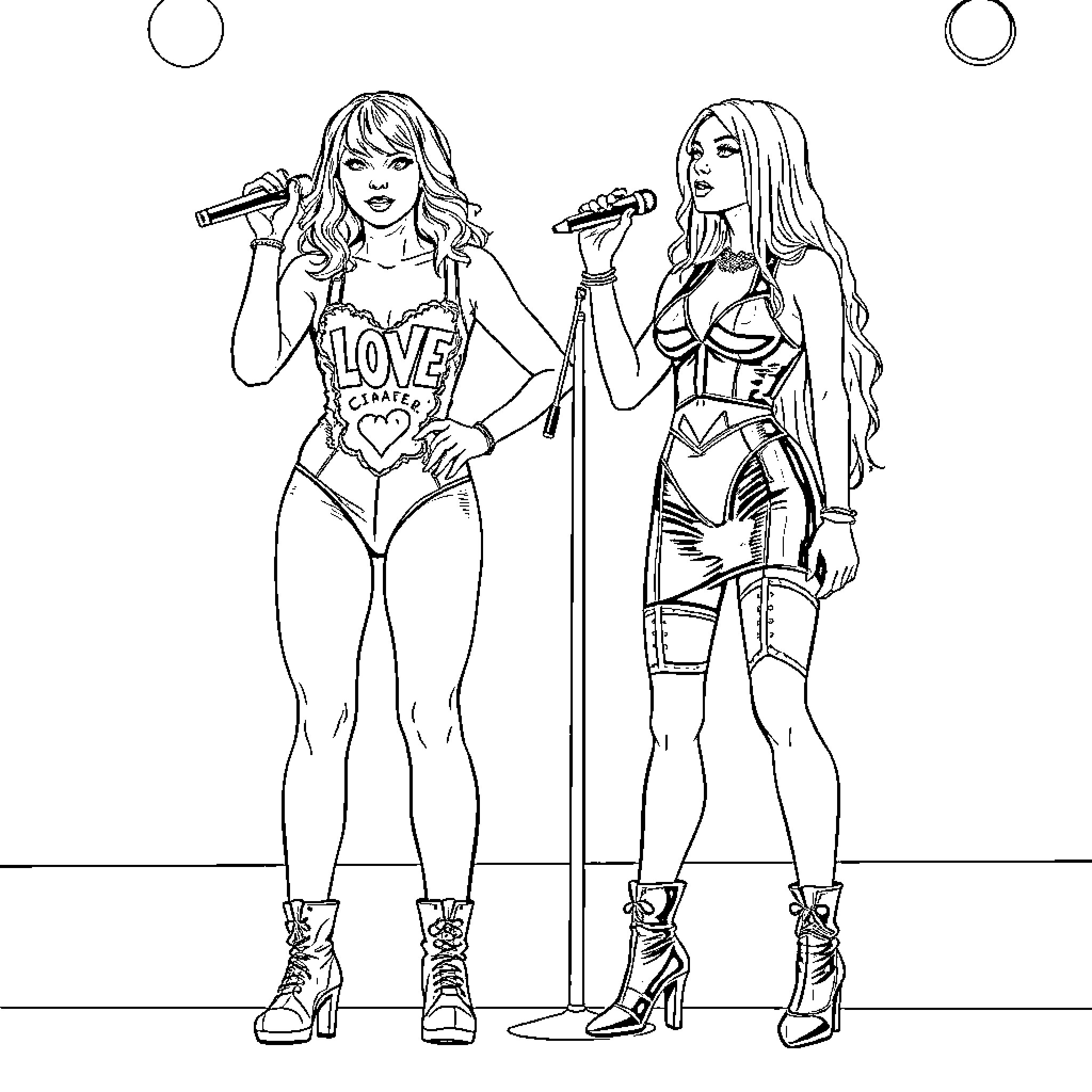 Taylor Swift and a companion performing on stage Coloring Page (free black-and-white line drawing printable PDF for all, from beginners to advanced learners, including children, teens, adults, and seniors)
