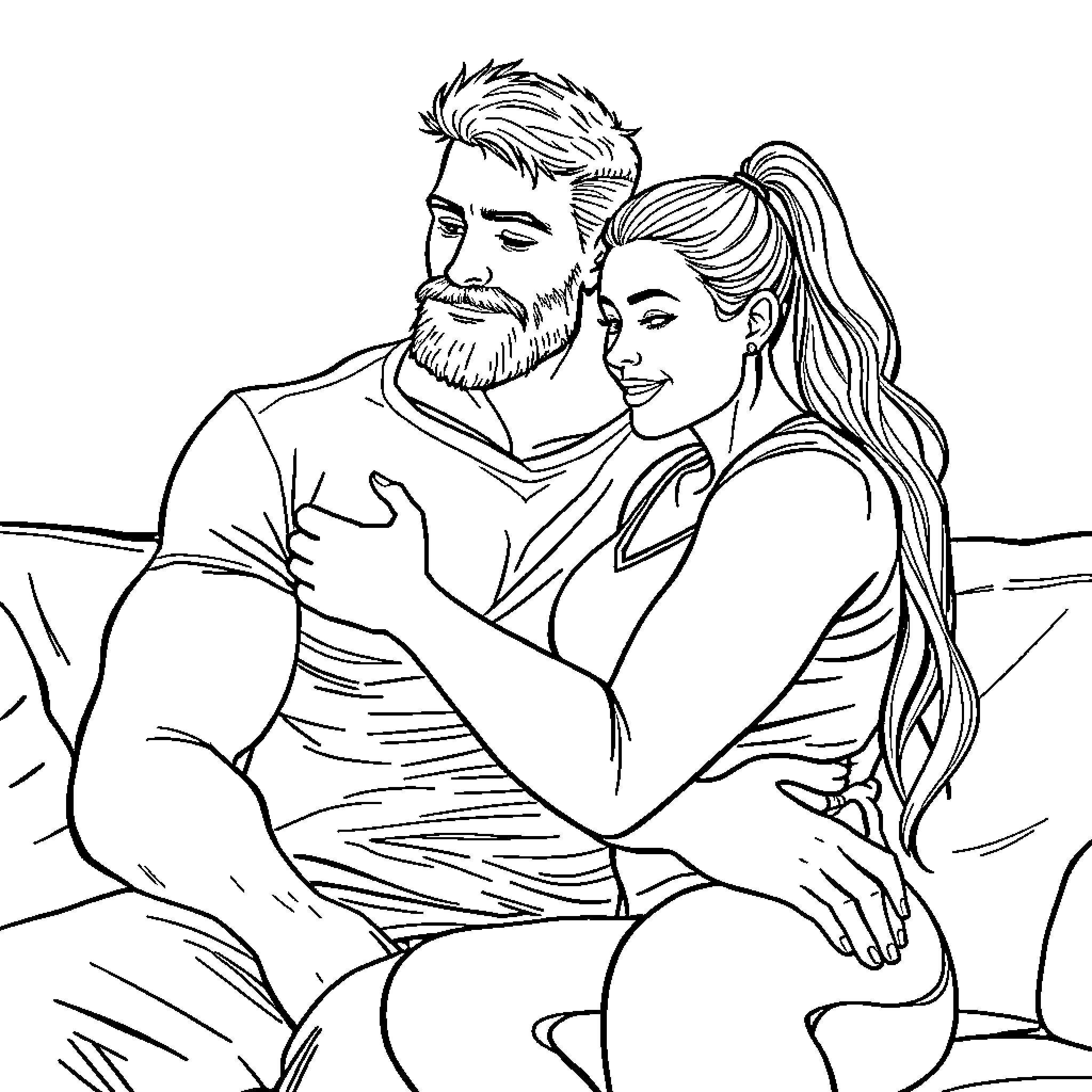 Man and Woman Embracing Affectionately on the Beach Coloring Page (free black-and-white line drawing printable PDF for all, from beginners to advanced learners, including children, teens, adults, and seniors)
