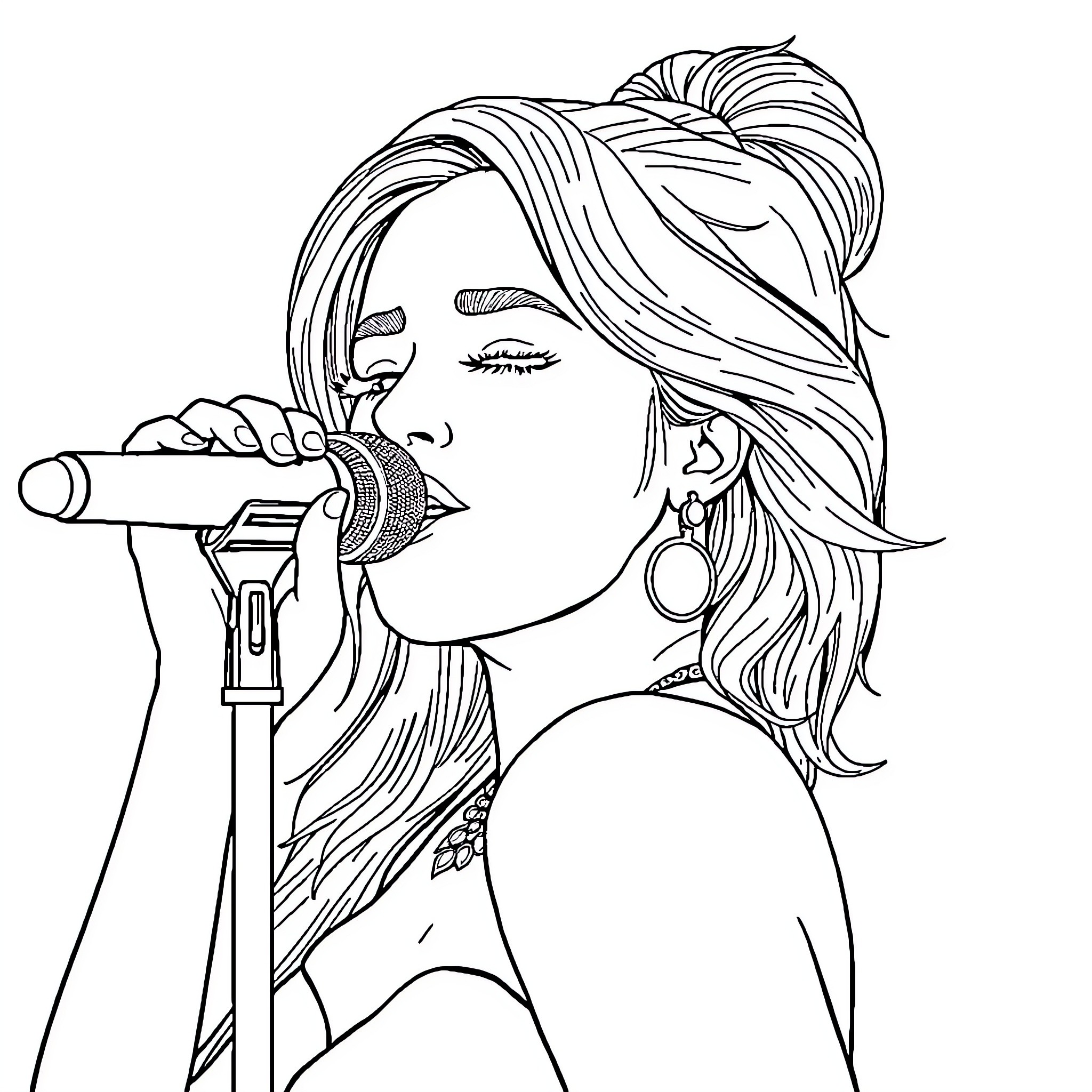 Ariana Grande singing with passion on stage Coloring Page (free black-and-white line drawing printable PDF for all, from beginners to advanced learners, including children, teens, adults, and seniors)
