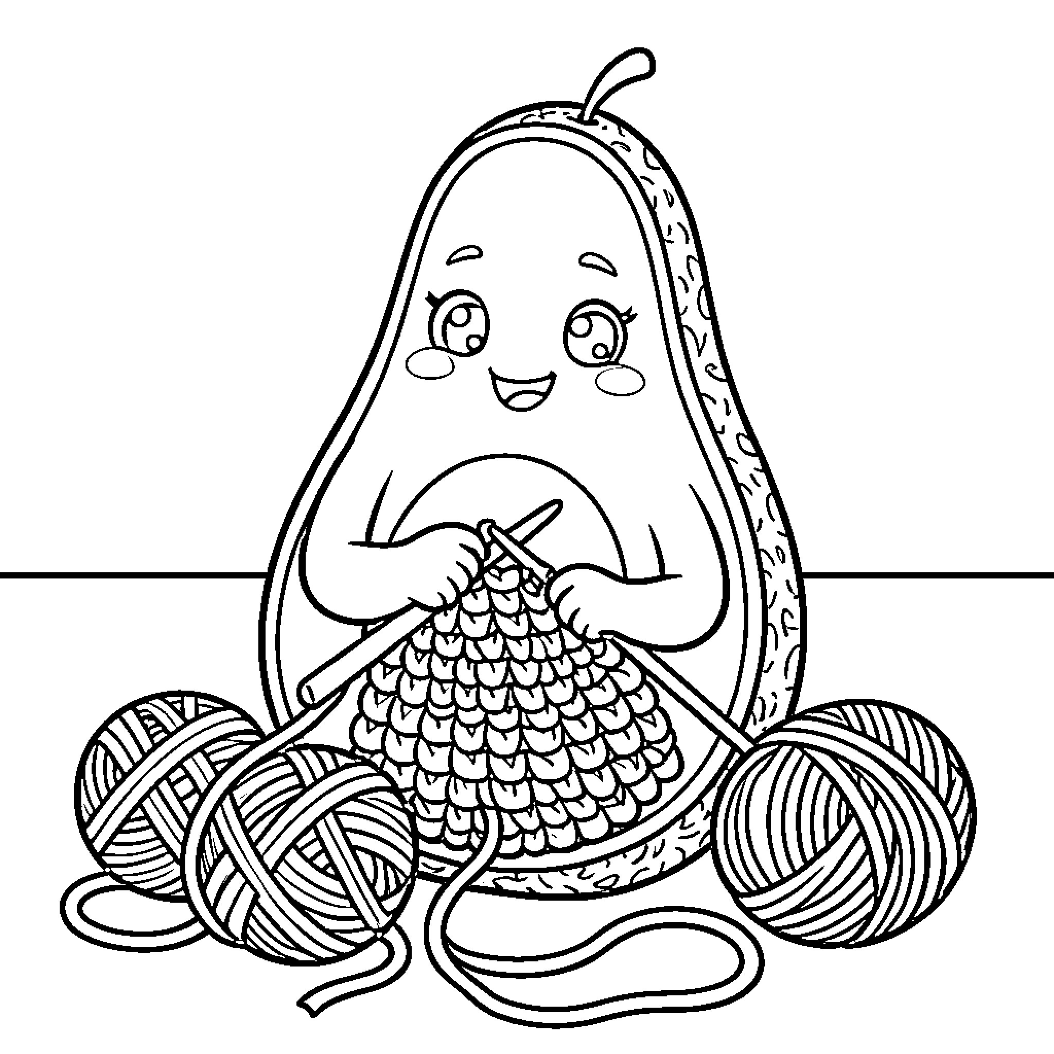 Avocado playing happily with yarn balls Coloring Page (free black-and-white line drawing printable PDF for all, from beginners to advanced learners, including children, teens, adults, and seniors)