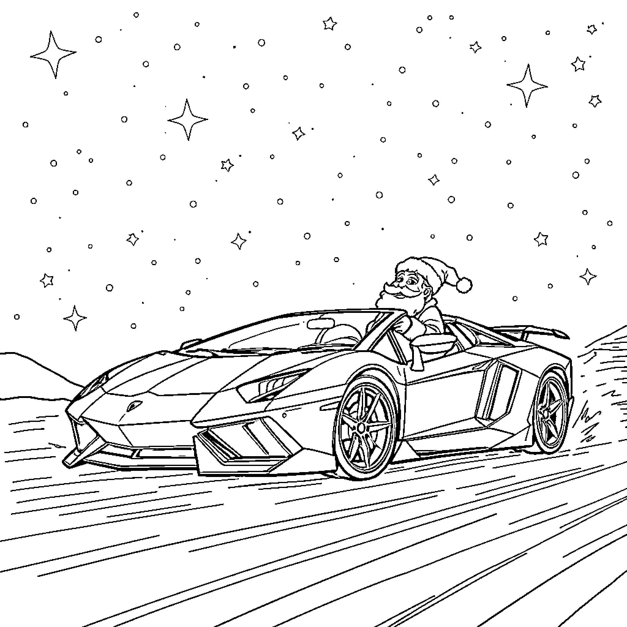 Aventador driving through the night sky Coloring Page (free black-and-white line drawing printable PDF for all, from beginners to advanced learners, including children, teens, adults, and seniors)