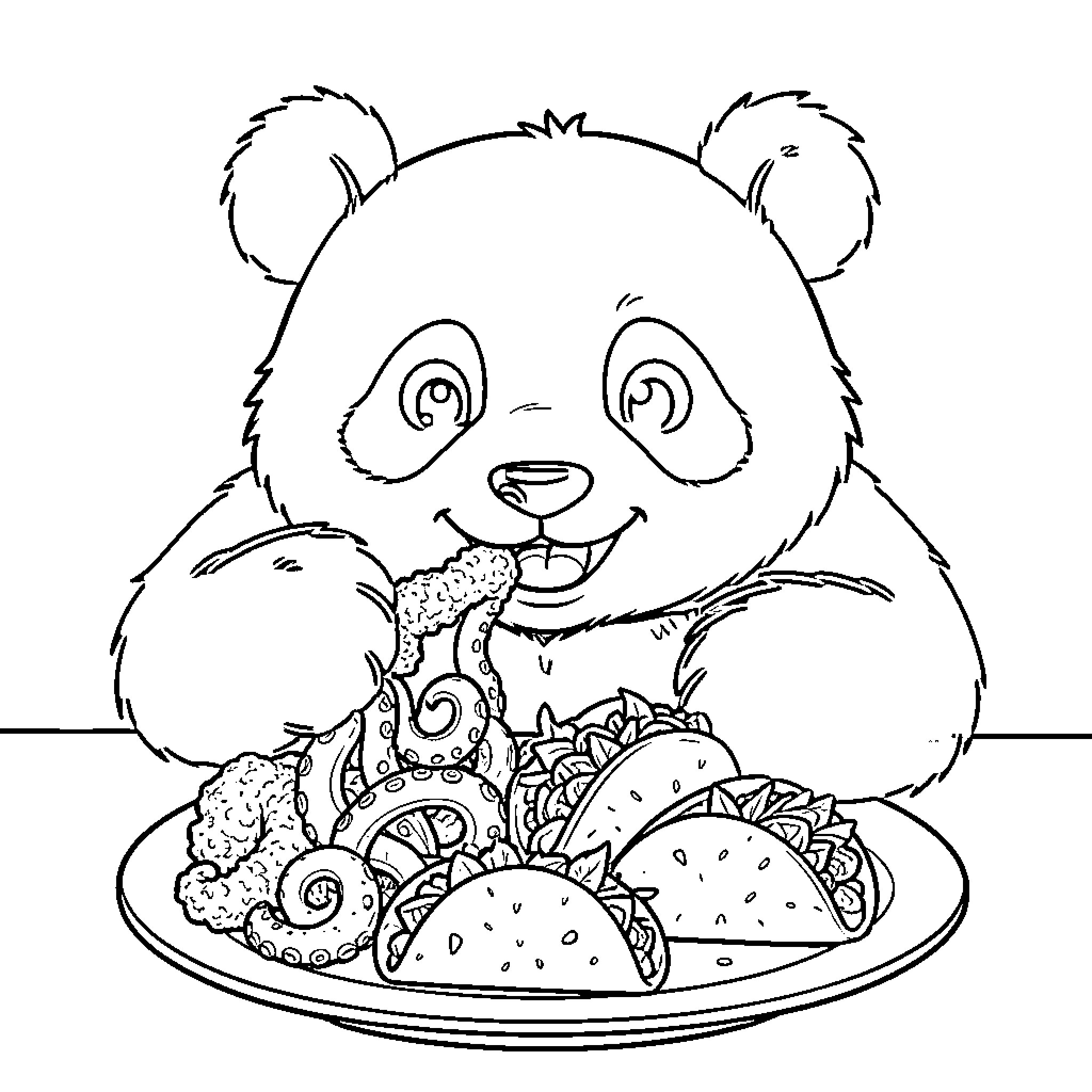 Panda enjoying a tasty meal Coloring Page (free black-and-white line drawing printable PDF for all, from beginners to advanced learners, including children, teens, adults, and seniors)