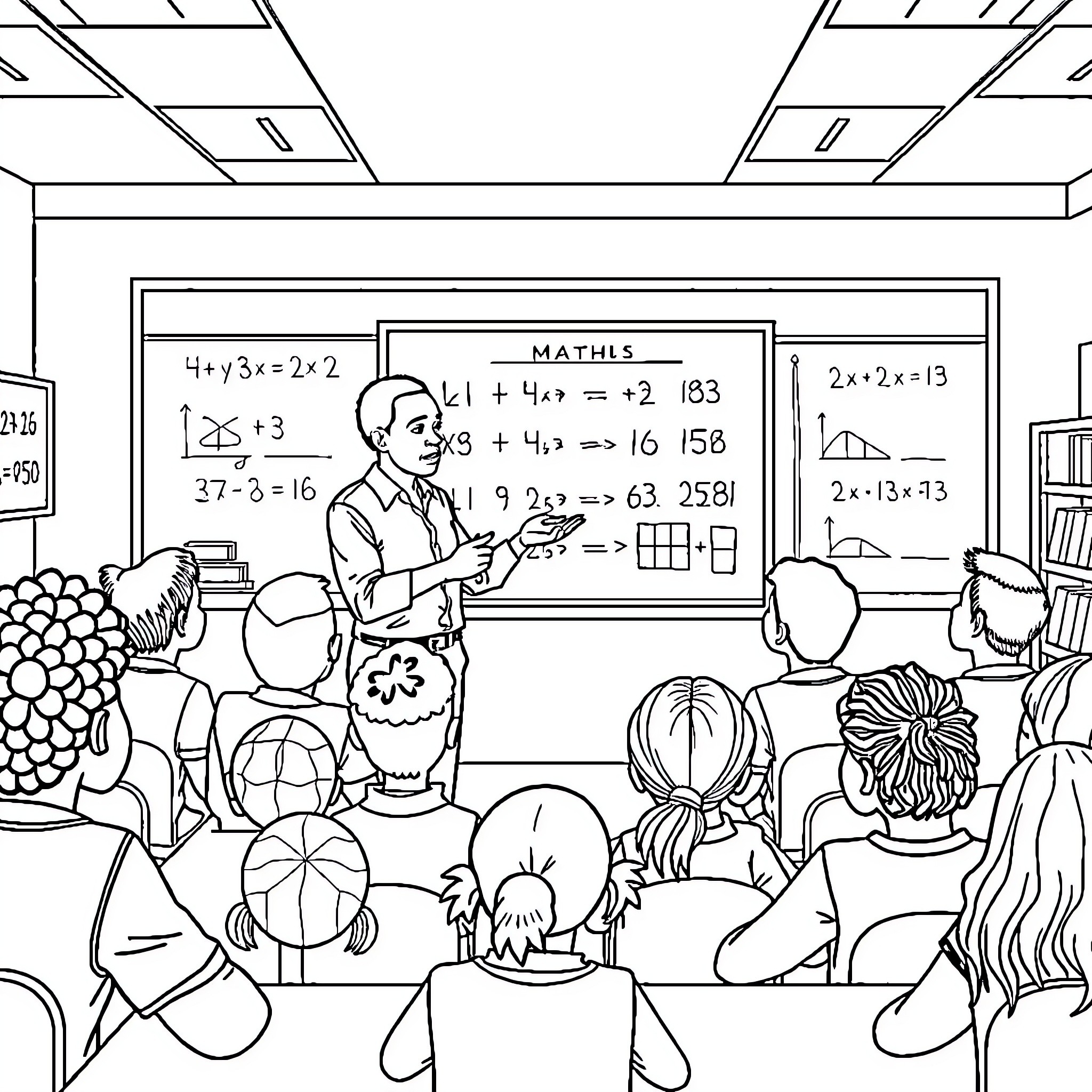 Teacher Explaining Math Concepts to Students in Classroom Coloring Page (free black-and-white line drawing printable PDF for all, from beginners to advanced learners, including children, teens, adults, and seniors)