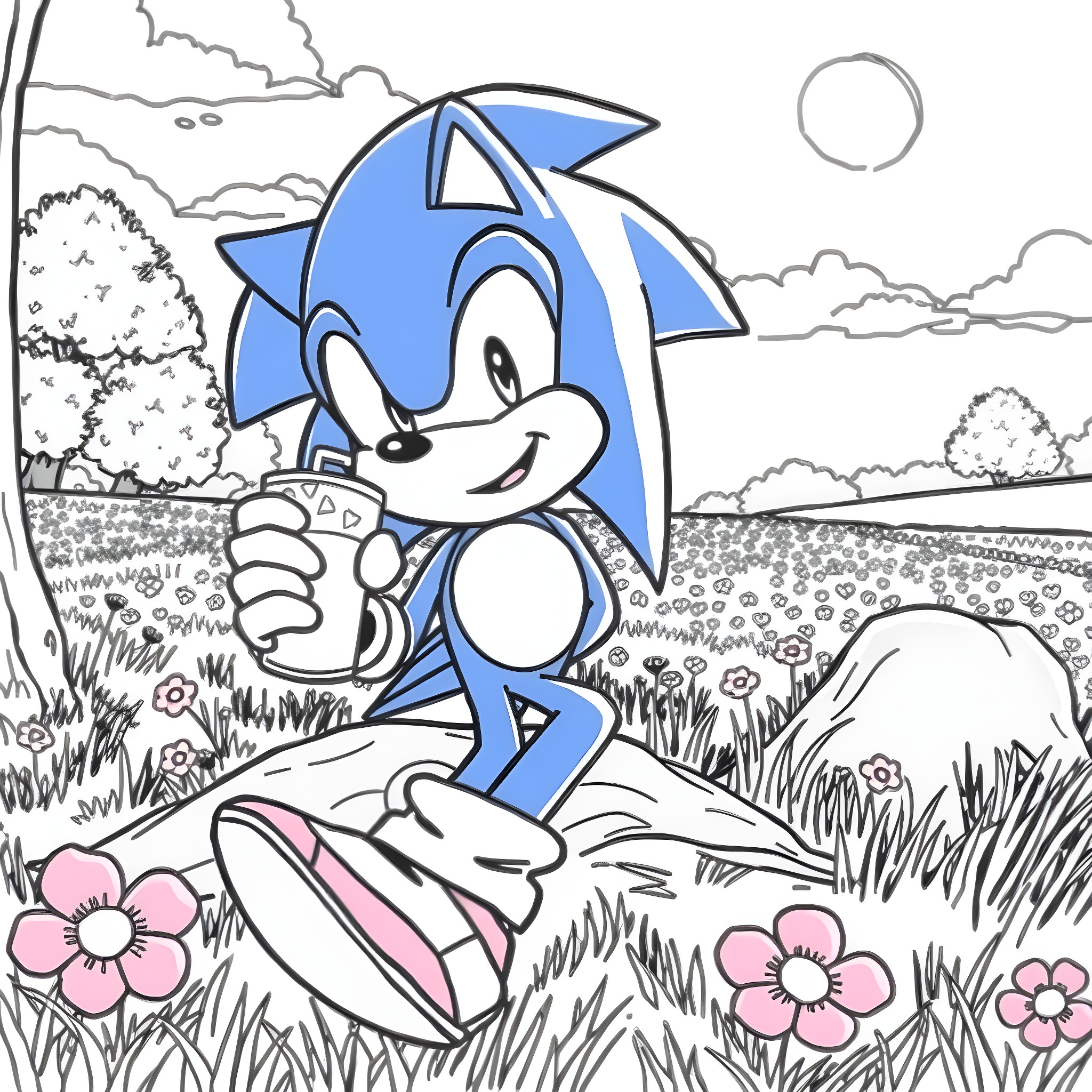 Sonic enjoying the scenic outdoor landscape Coloring Page (free black-and-white line drawing printable PDF for all, from beginners to advanced learners, including children, teens, adults, and seniors)