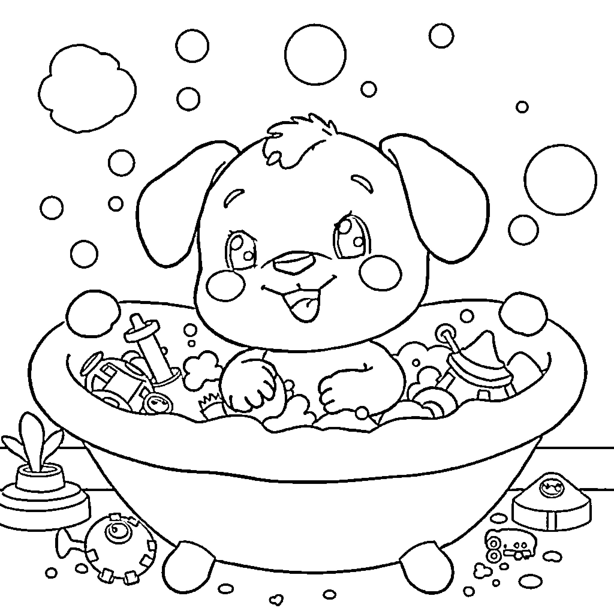 Labubu's Playful Bath Time Coloring Page (free black-and-white line drawing printable PDF for all, from beginners to advanced learners, including children, teens, adults, and seniors)