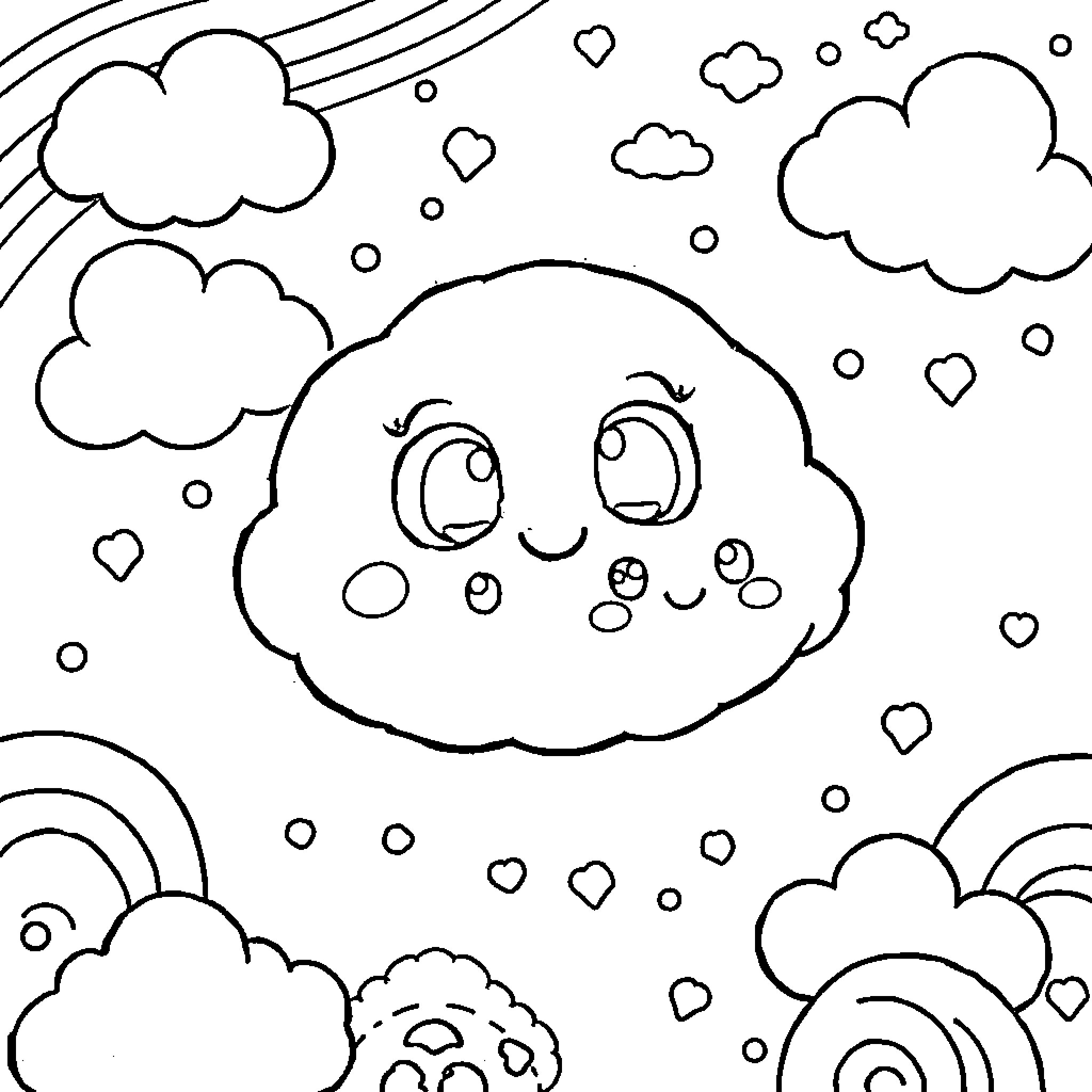 Kawaii Playful Cloud and Rainy Day Adventure Coloring Page (free black-and-white line drawing printable PDF for all, from beginners to advanced learners, including children, teens, adults, and seniors)