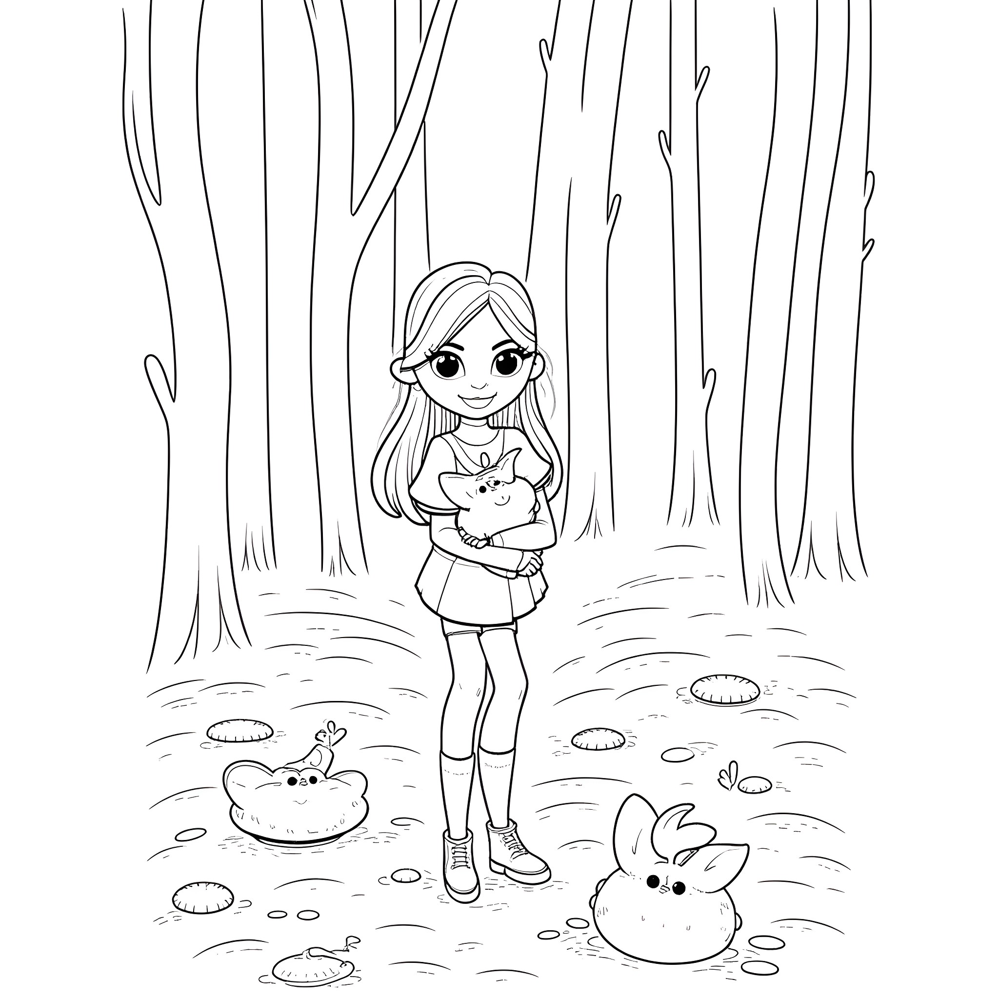 Wife playing with cute bunnies in the forest Coloring Page (free black-and-white line drawing printable PDF for all, from beginners to advanced learners, including children, teens, adults, and seniors)