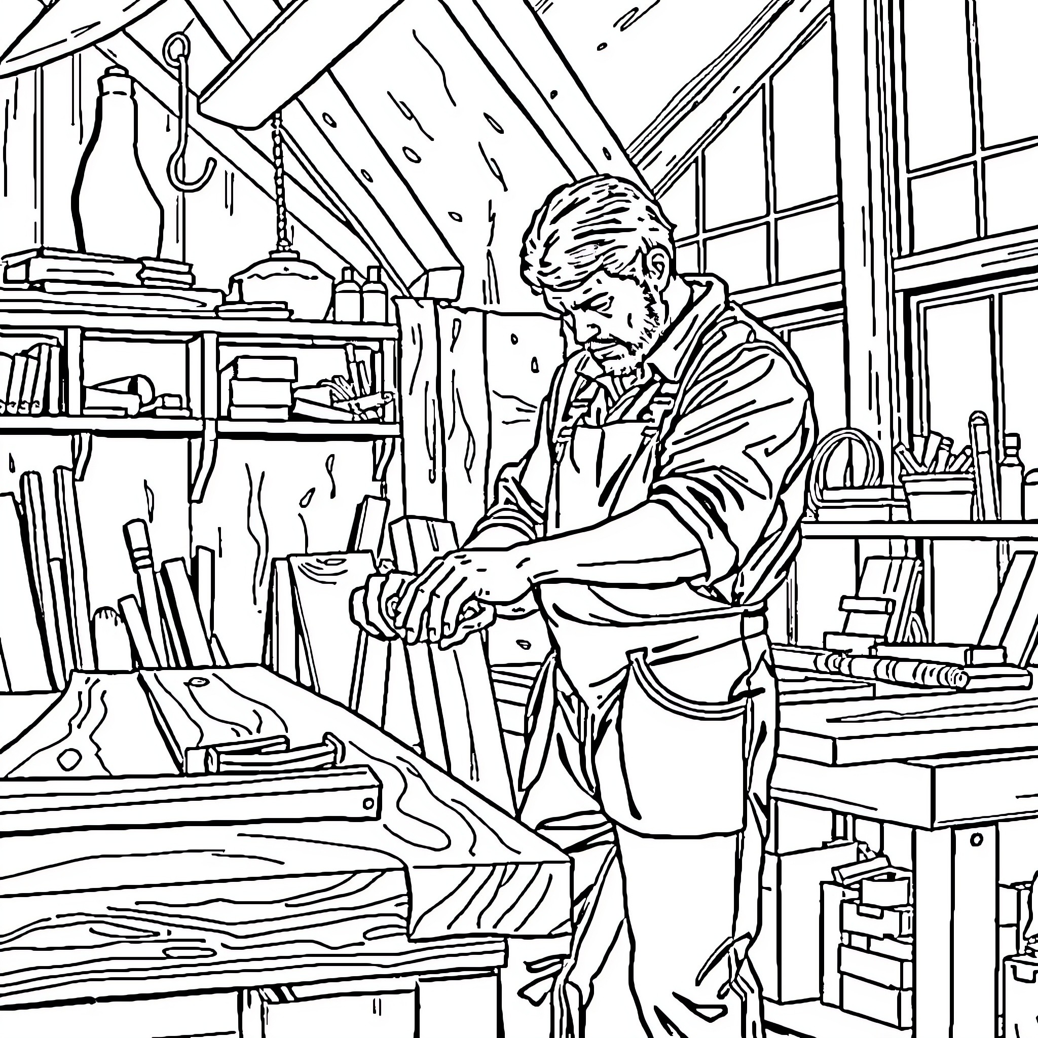 Carpenter intently working in a workshop Coloring Page (free black-and-white line drawing printable PDF for all, from beginners to advanced learners, including children, teens, adults, and seniors)