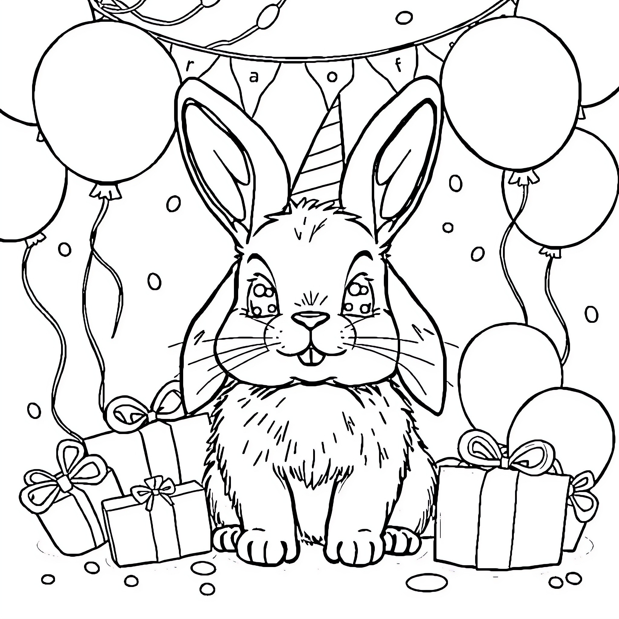 Bunny celebrating birthday with gifts and balloons Coloring Page (free black-and-white line drawing printable PDF for all, from beginners to advanced learners, including children, teens, adults, and seniors)
