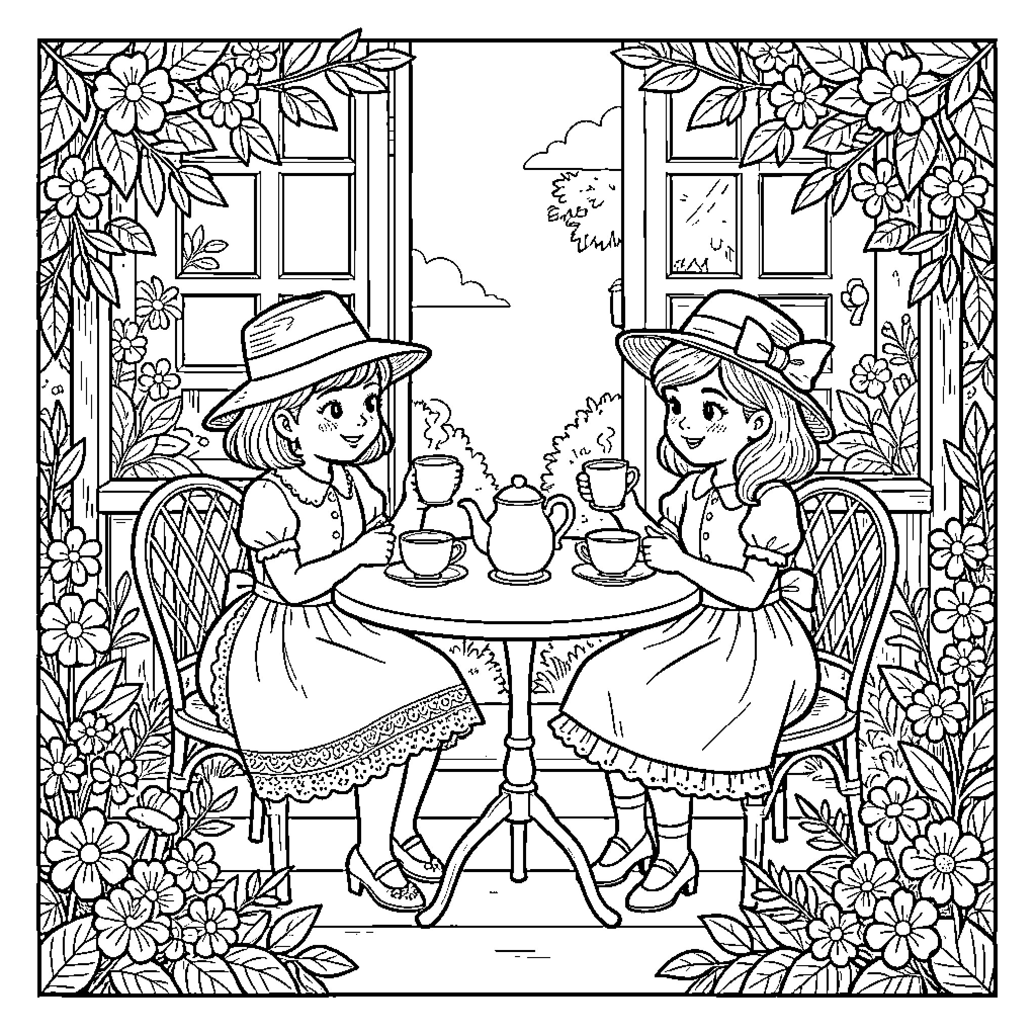 Girls Drinking Tea together at a flower-covered garden table Coloring Page (free black-and-white line drawing printable PDF for all, from beginners to advanced learners, including children, teens, adults, and seniors)