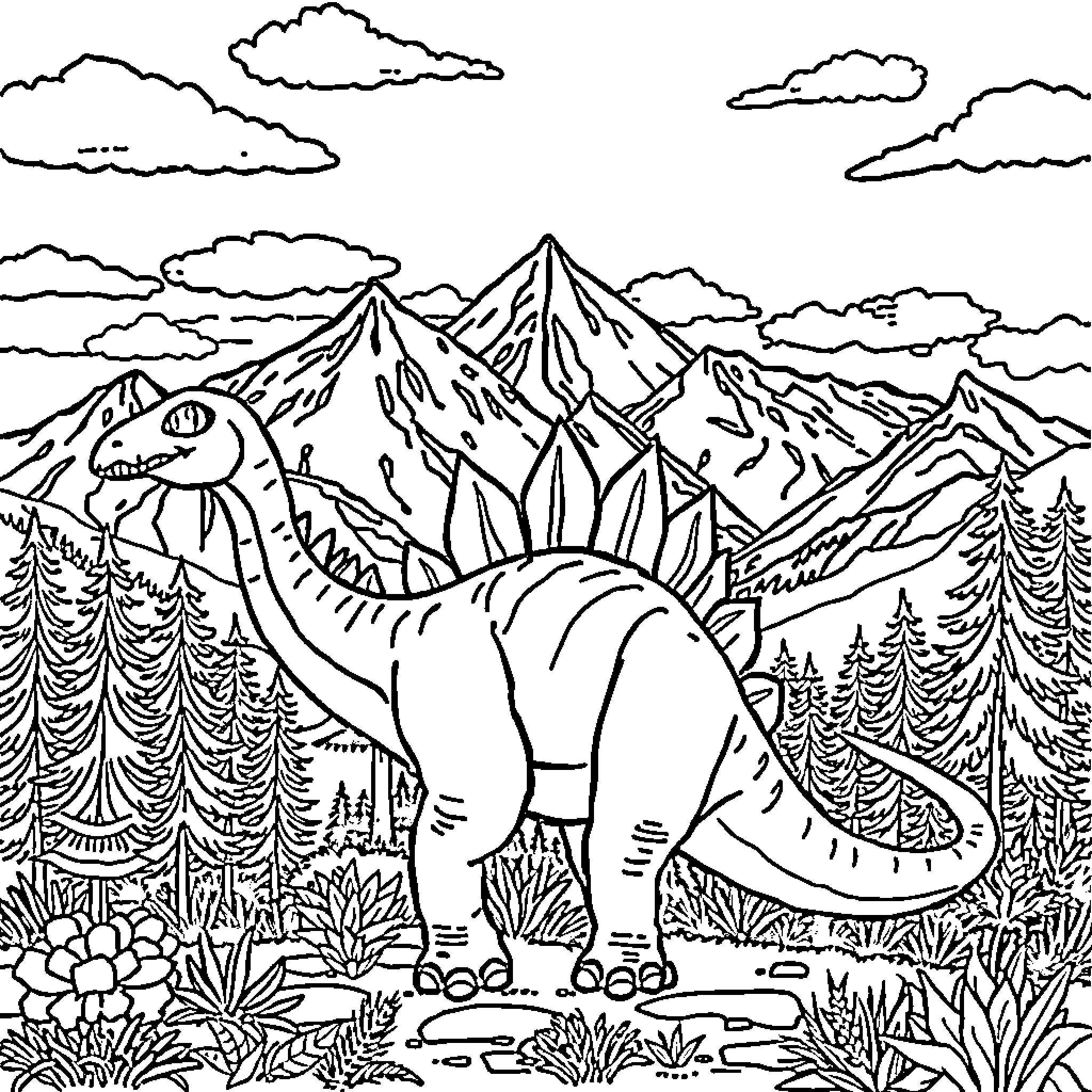 Dinosaur exploring the majestic mountain landscape Coloring Page (free black-and-white line drawing printable PDF for all, from beginners to advanced learners, including children, teens, adults, and seniors)