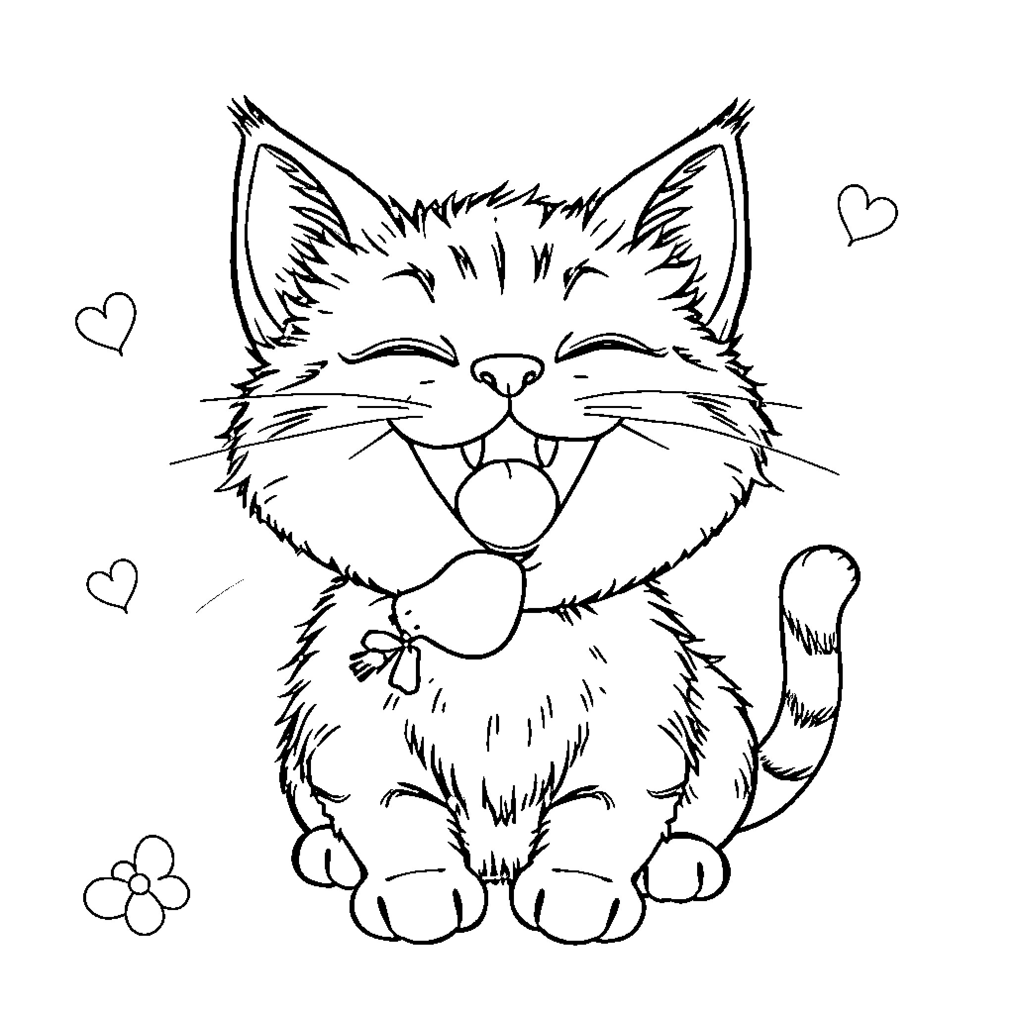 Cat expressing happiness with hearts Coloring Page (free black-and-white line drawing printable PDF for all, from beginners to advanced learners, including children, teens, adults, and seniors)