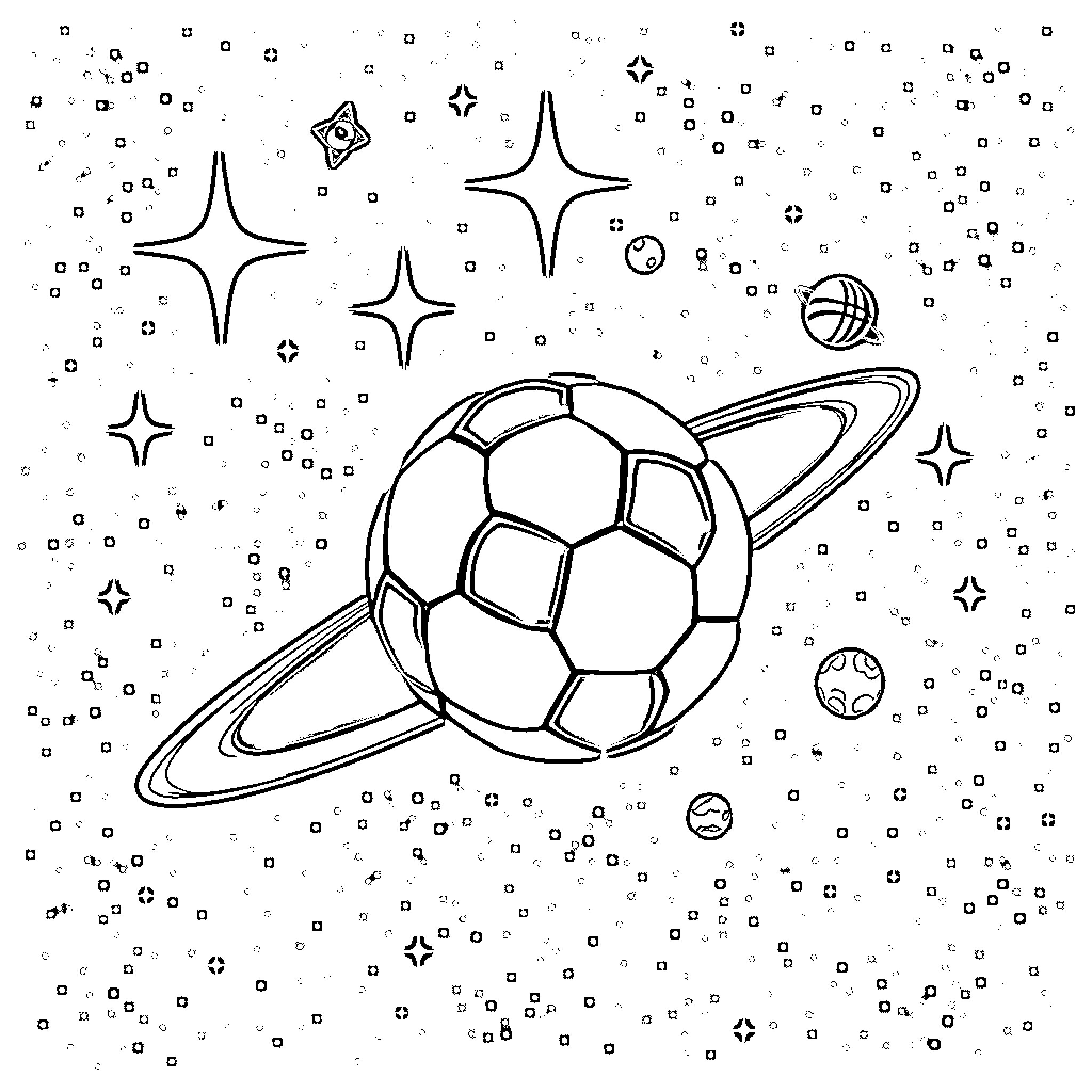 Football in the cosmic universe Coloring Page (free black-and-white line drawing printable PDF for all, from beginners to advanced learners, including children, teens, adults, and seniors)