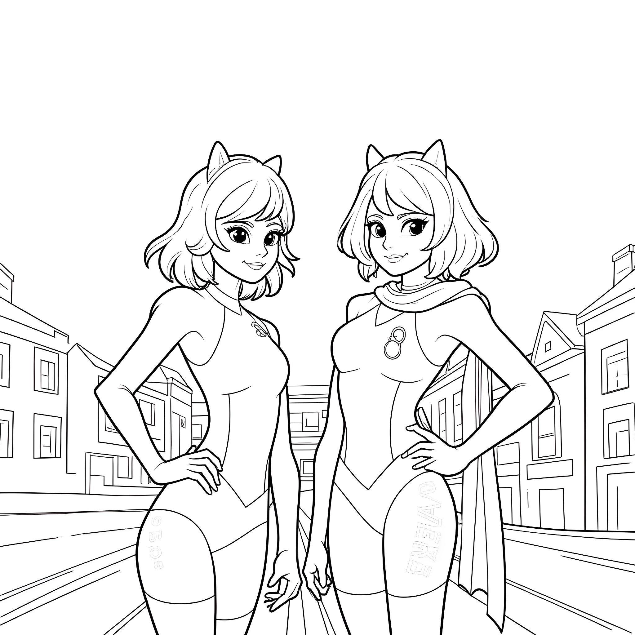 Ladybug superhero girls in costume exploring the city Coloring Page (free black-and-white line drawing printable PDF for all, from beginners to advanced learners, including children, teens, adults, and seniors)
