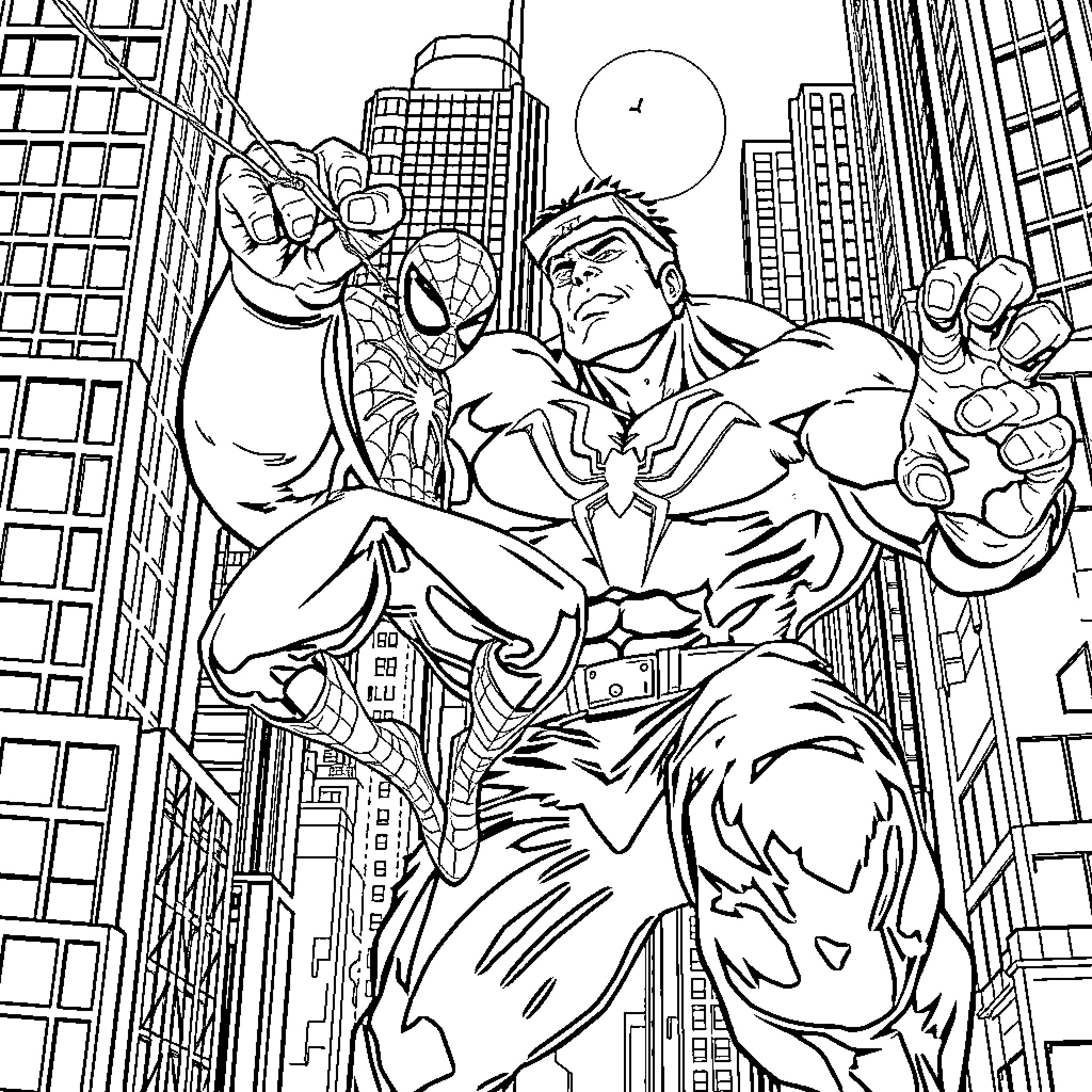 Spiderman's epic confrontation in the city Coloring Page (free black-and-white line drawing printable PDF for all, from beginners to advanced learners, including children, teens, adults, and seniors)