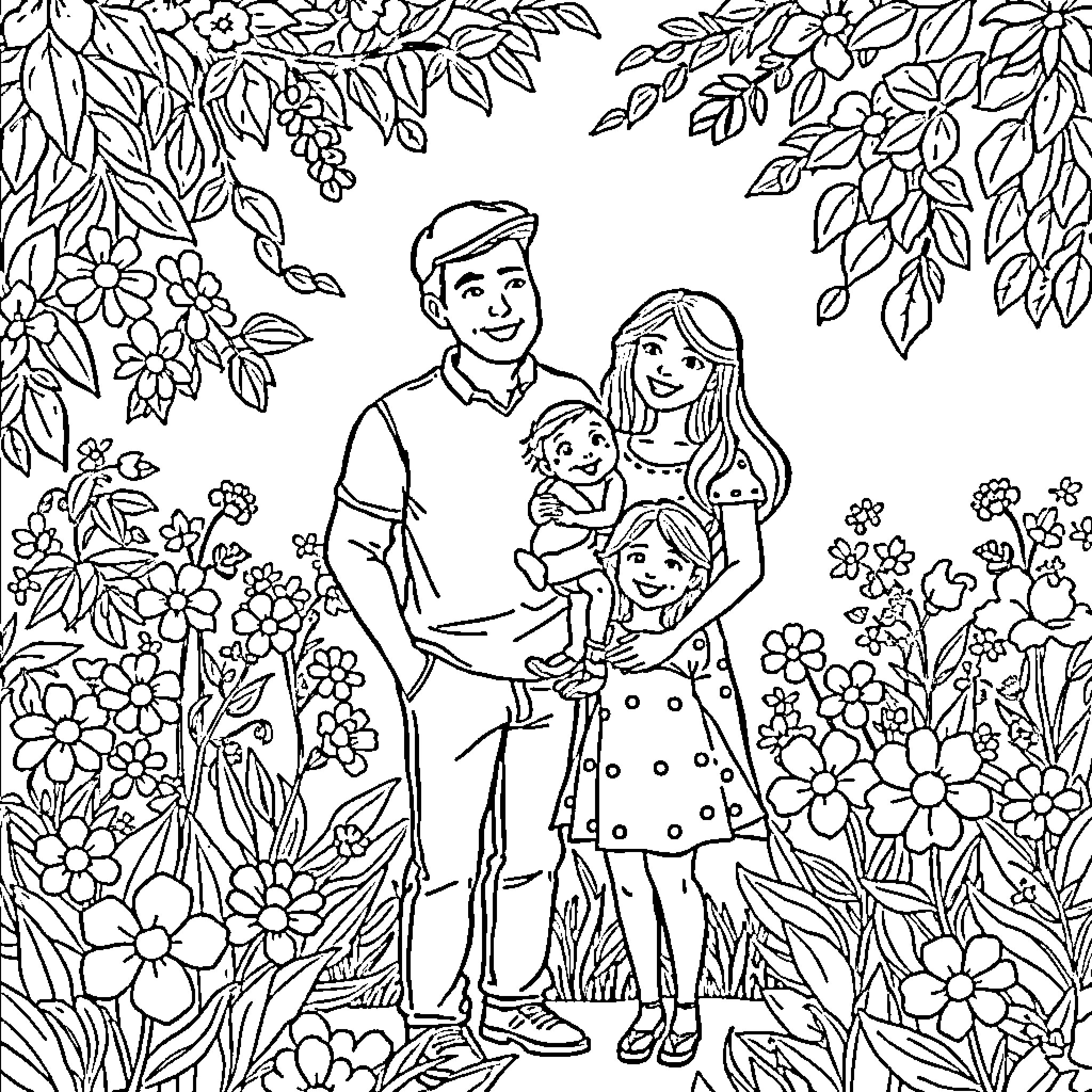 Family Enjoying a Floral Garden Outdoors Coloring Page (free black-and-white line drawing printable PDF for all, from beginners to advanced learners, including children, teens, adults, and seniors)