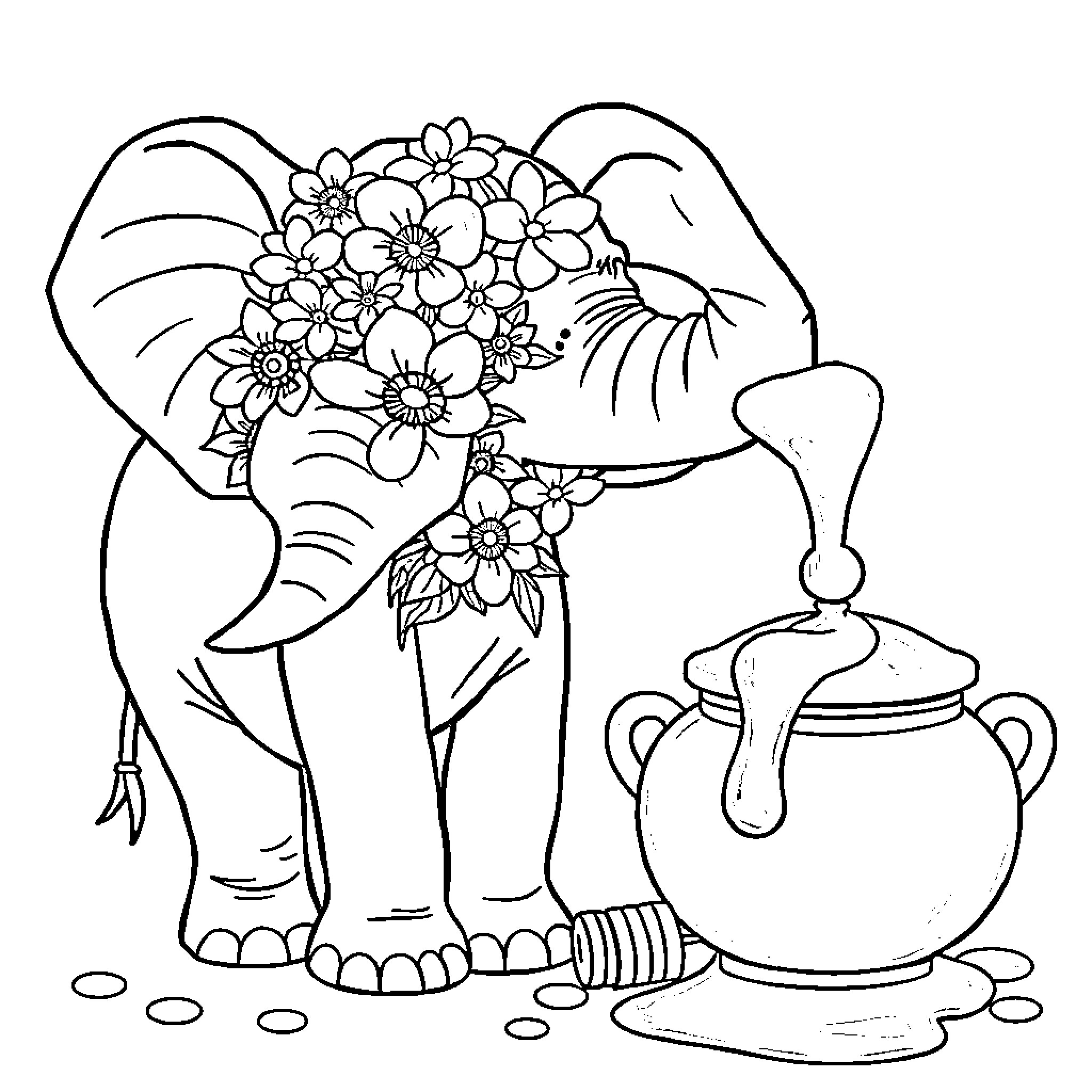 Elephant with floral bouquet and ceramic pot Coloring Page (free black-and-white line drawing printable PDF for all, from beginners to advanced learners, including children, teens, adults, and seniors)
