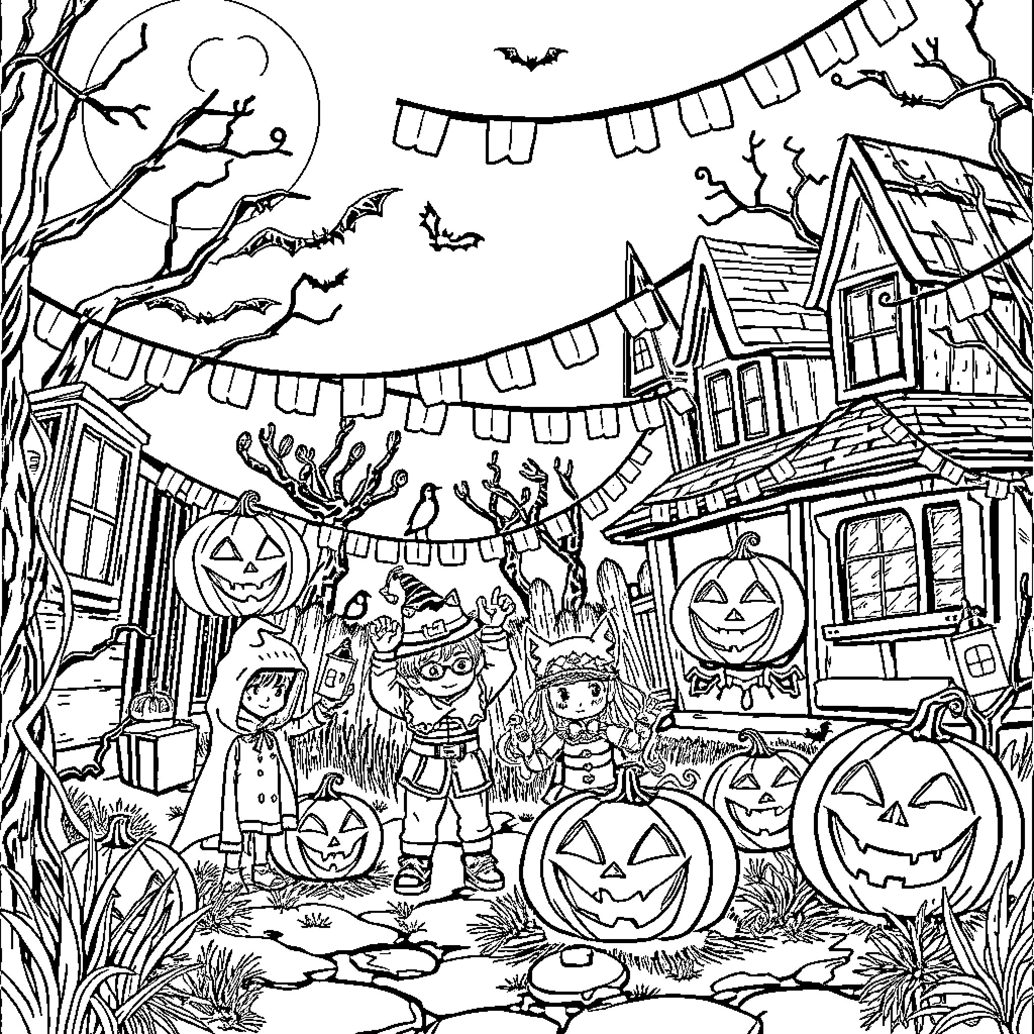 Halloween Trick-or-Treaters Celebrate in Spooky Neighborhood Coloring Page (free black-and-white line drawing printable PDF for all, from beginners to advanced learners, including children, teens, adults, and seniors)