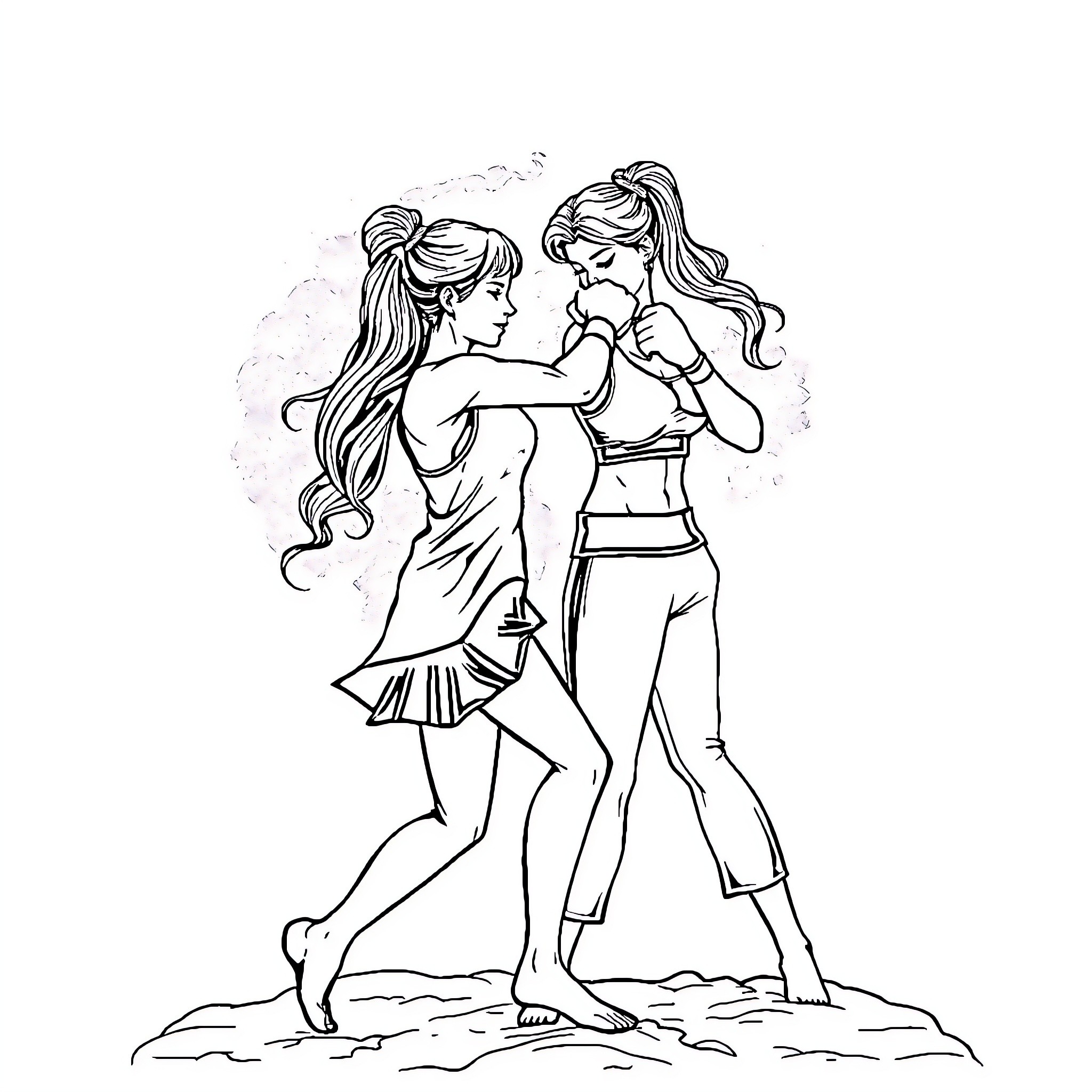 Women dancing joyfully on the beach Coloring Page (free black-and-white line drawing printable PDF for all, from beginners to advanced learners, including children, teens, adults, and seniors)