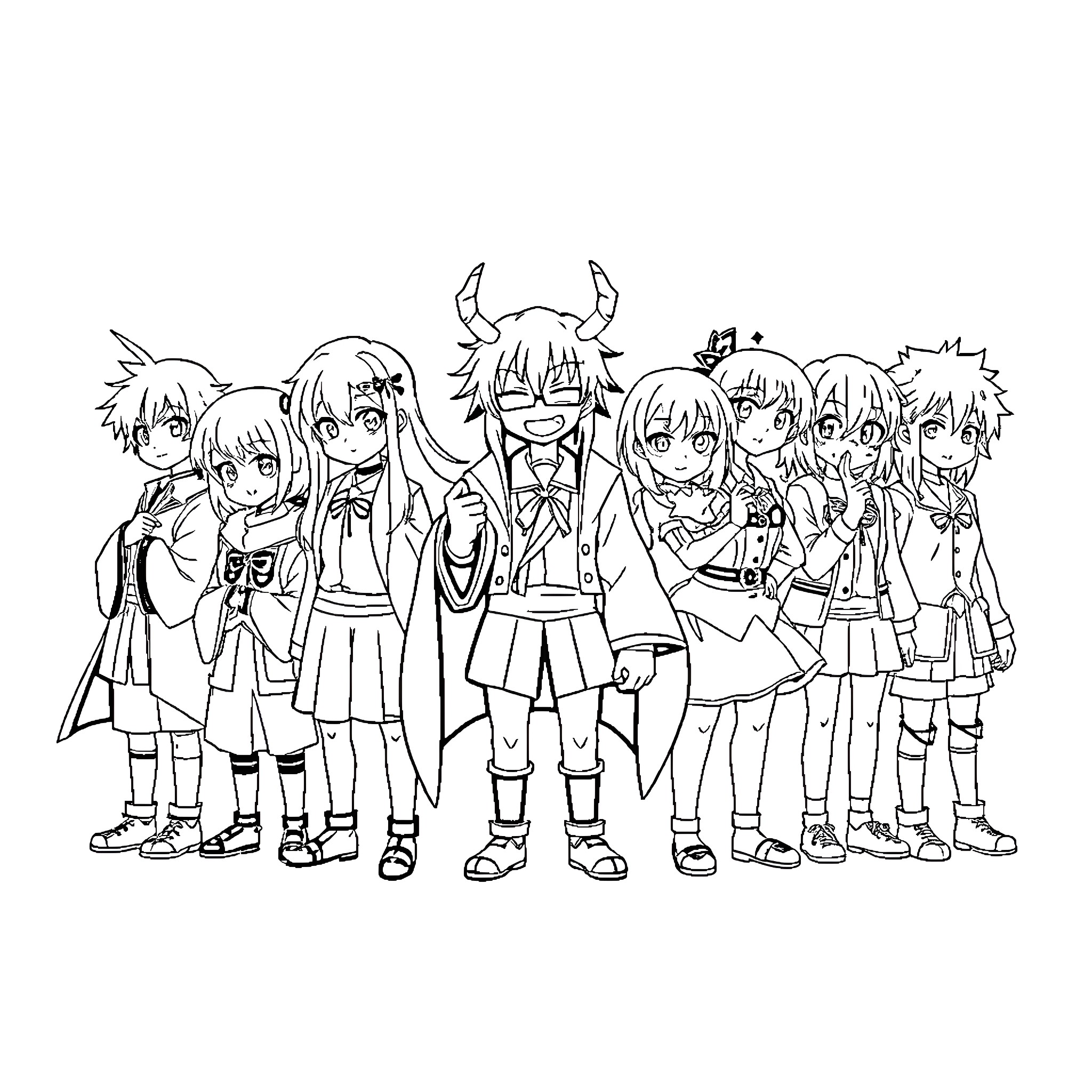 Deadly Sin: Mischievous Anime Characters in Group Coloring Page (free black-and-white line drawing printable PDF for all, from beginners to advanced learners, including children, teens, adults, and seniors)