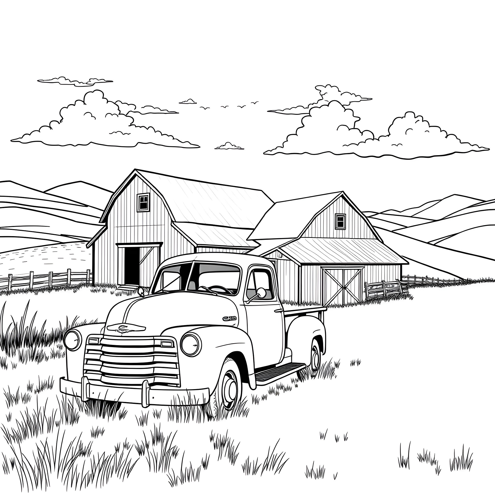 Truck on the farm near barn with cloudy sky Coloring Page (free black-and-white line drawing printable PDF for all, from beginners to advanced learners, including children, teens, adults, and seniors)