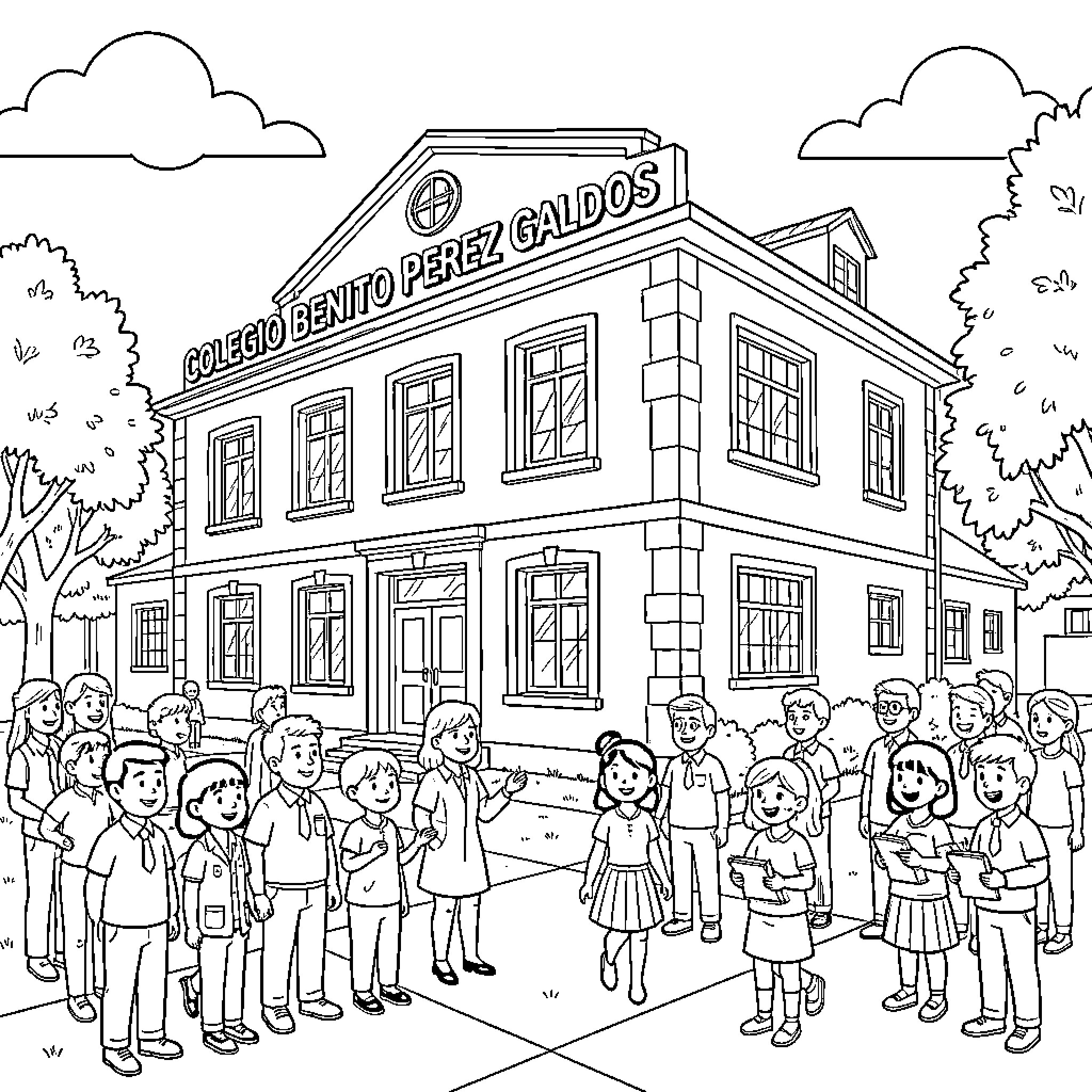 COLEGIO BENITO PEREZ GALDOS students gathering outside the building Coloring Page (free black-and-white line drawing printable PDF for all, from beginners to advanced learners, including children, teens, adults, and seniors)