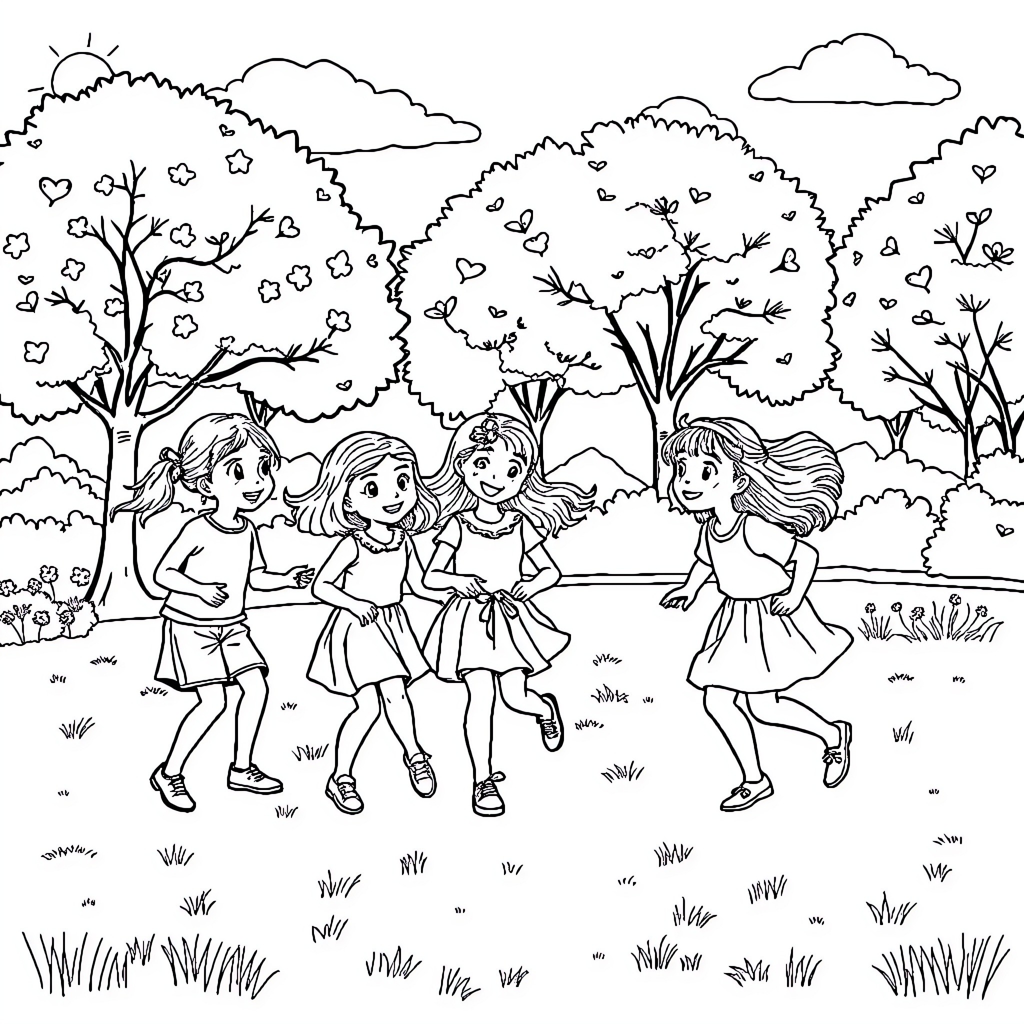 Girls playing and running in the park Coloring Page (free black-and-white line drawing printable PDF for all, from beginners to advanced learners, including children, teens, adults, and seniors)