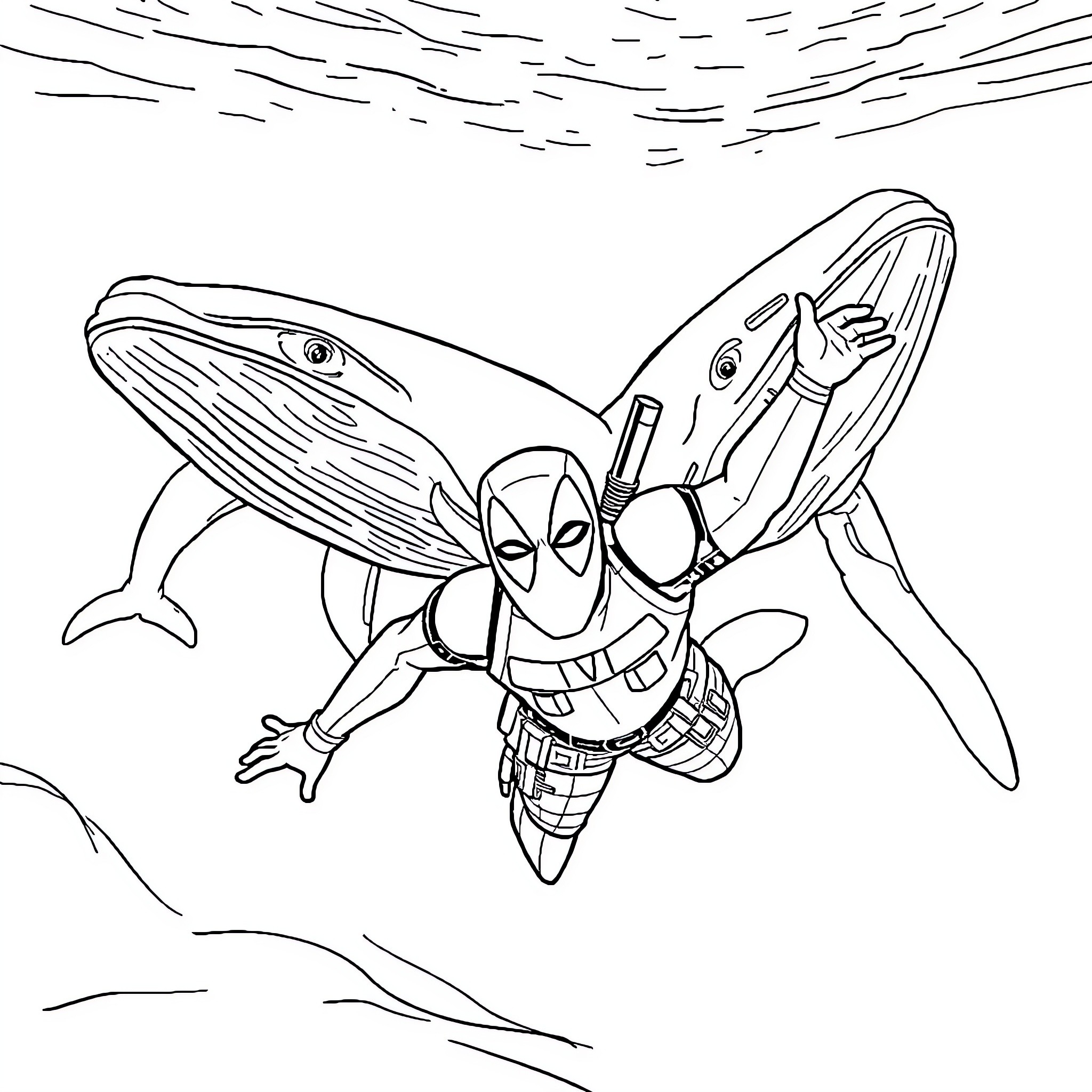 Deadpool riding a whale-like creature in the sky Coloring Page (free black-and-white line drawing printable PDF for all, from beginners to advanced learners, including children, teens, adults, and seniors)