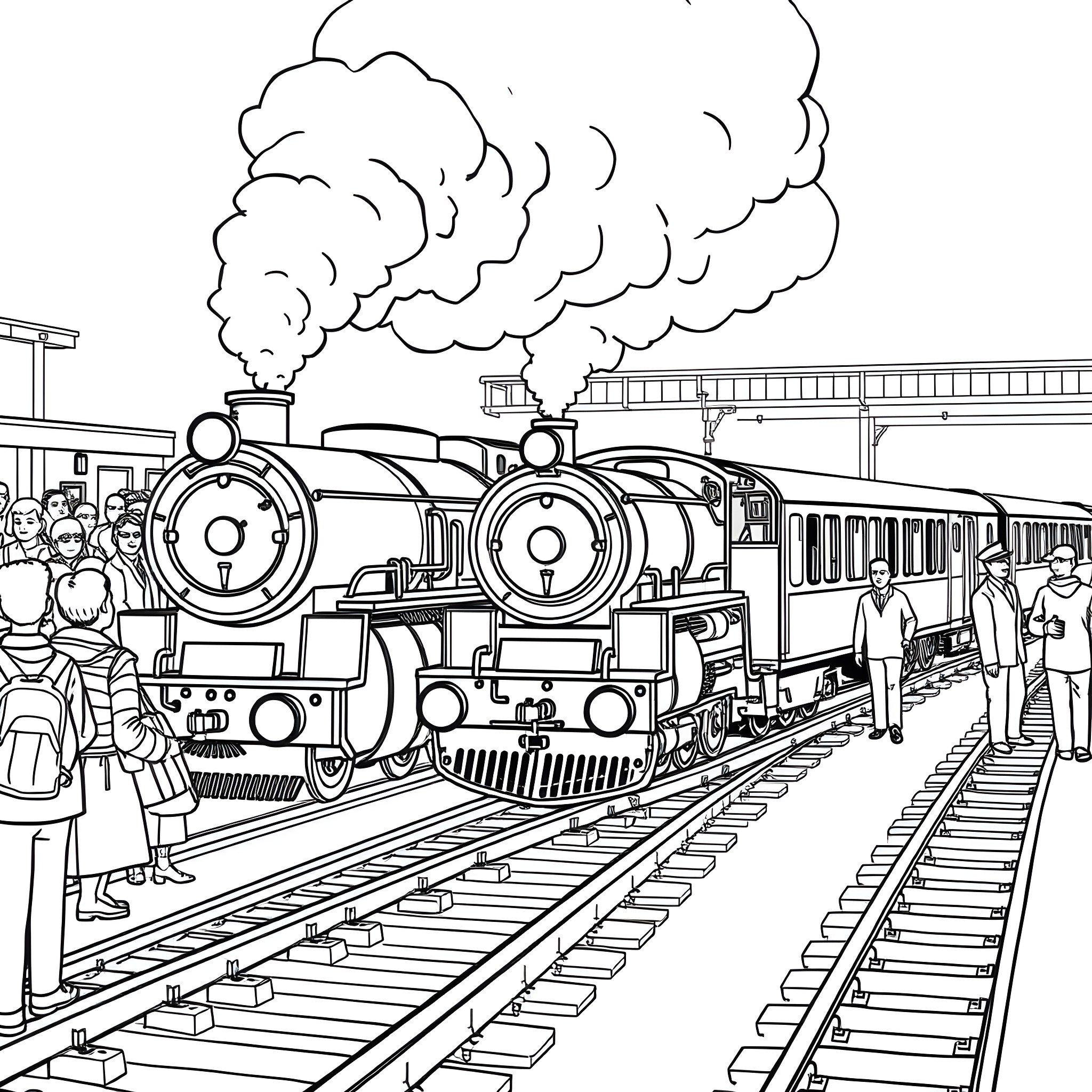 Train Arriving at Crowded Platform with Steam Engines Coloring Page (free black-and-white line drawing printable PDF for all, from beginners to advanced learners, including children, teens, adults, and seniors)