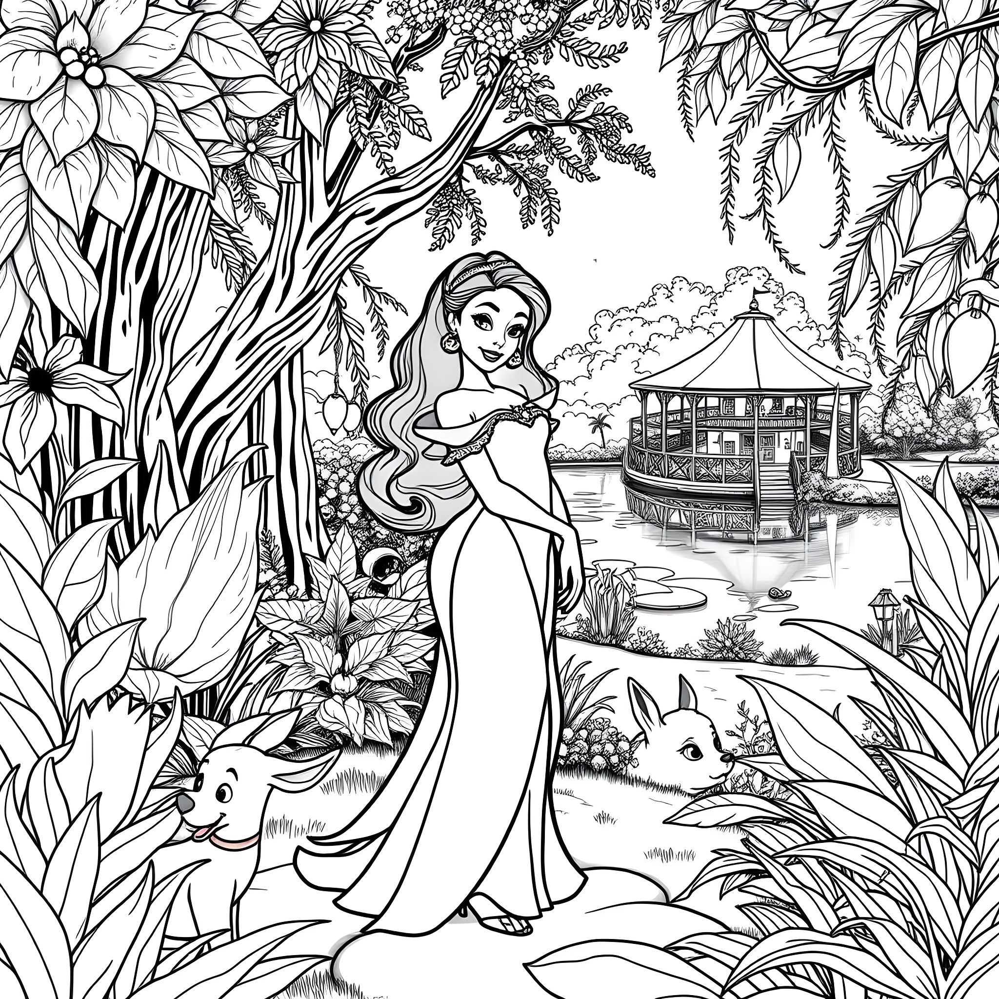 Tiana's Enchanted Fairy Tale Adventure Coloring Page (free black-and-white line drawing printable PDF for all, from beginners to advanced learners, including children, teens, adults, and seniors)