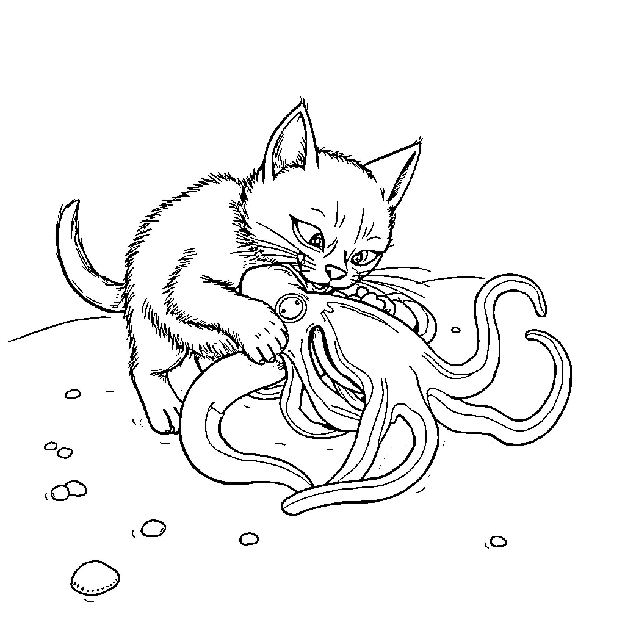 Cat playing with mysterious tentacles Coloring Page (free black-and-white line drawing printable PDF for all, from beginners to advanced learners, including children, teens, adults, and seniors)