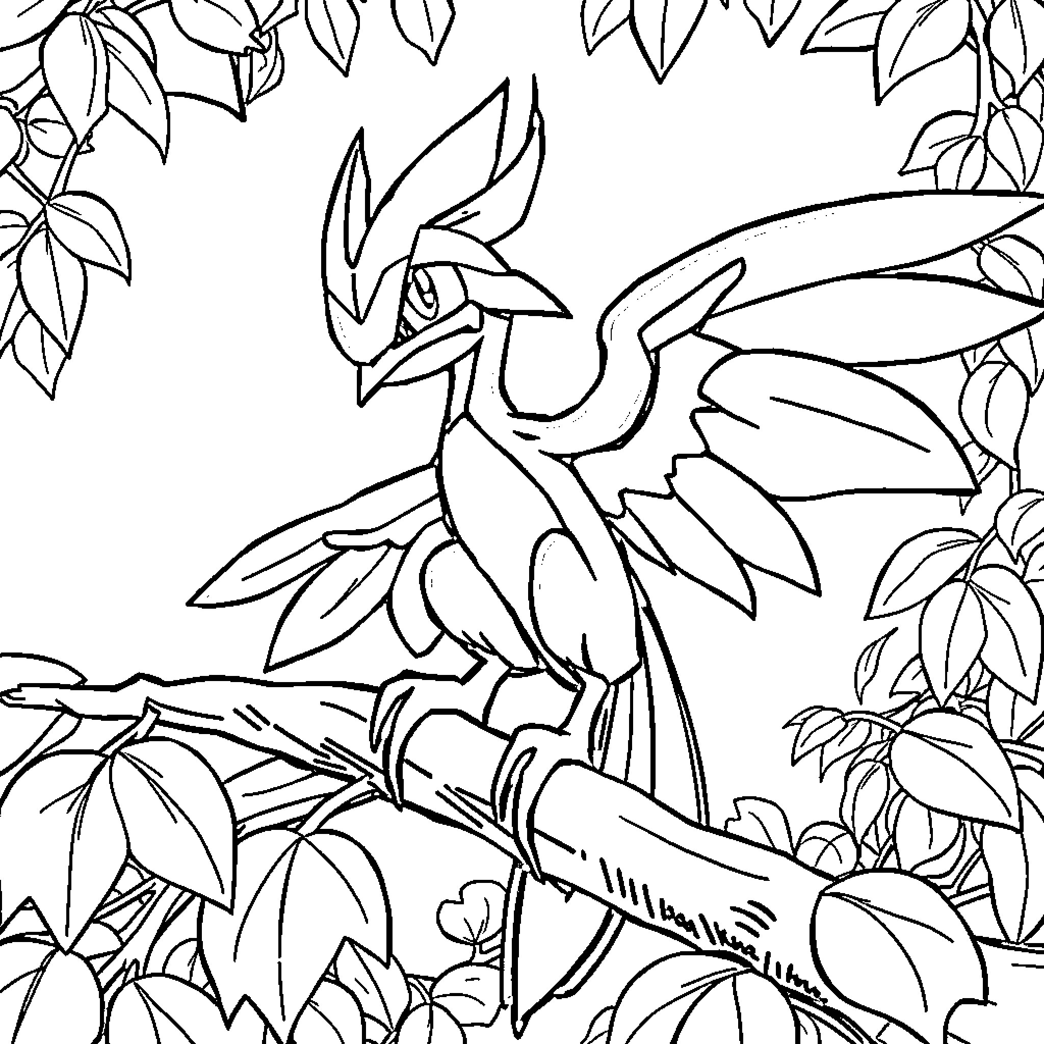 Greninja in a Tropical Forest Coloring Page (free black-and-white line drawing printable PDF for all, from beginners to advanced learners, including children, teens, adults, and seniors)